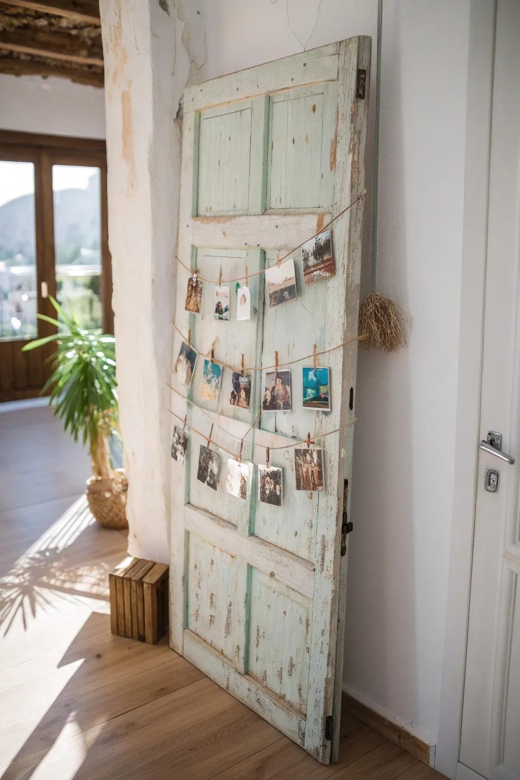 Transform a vintage door into a charming photo display that adds a personal touch to your living space!