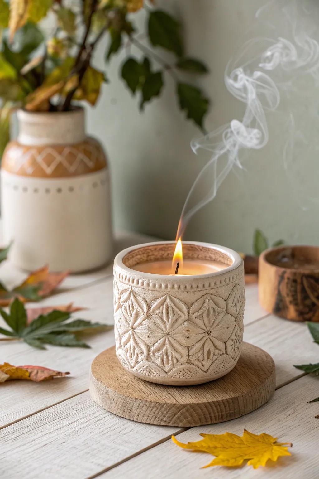 Ignite cozy vibes with a hand-crafted fall-scented candle, perfect for transforming your office into an inviting haven.