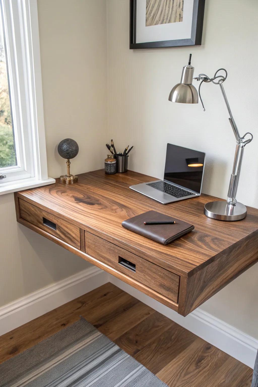 Elevate your workspace with a stylish walnut floating corner desk, perfect for compact areas and crafted for the connoisseur of design.