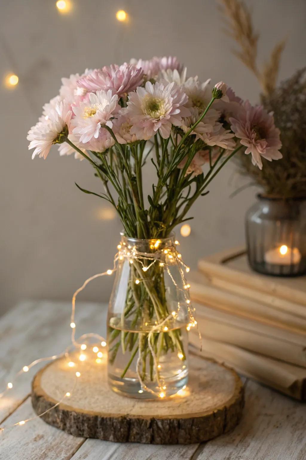 Illuminate your space with the enchanting glow of fairy lights entwined with delicate blooms.