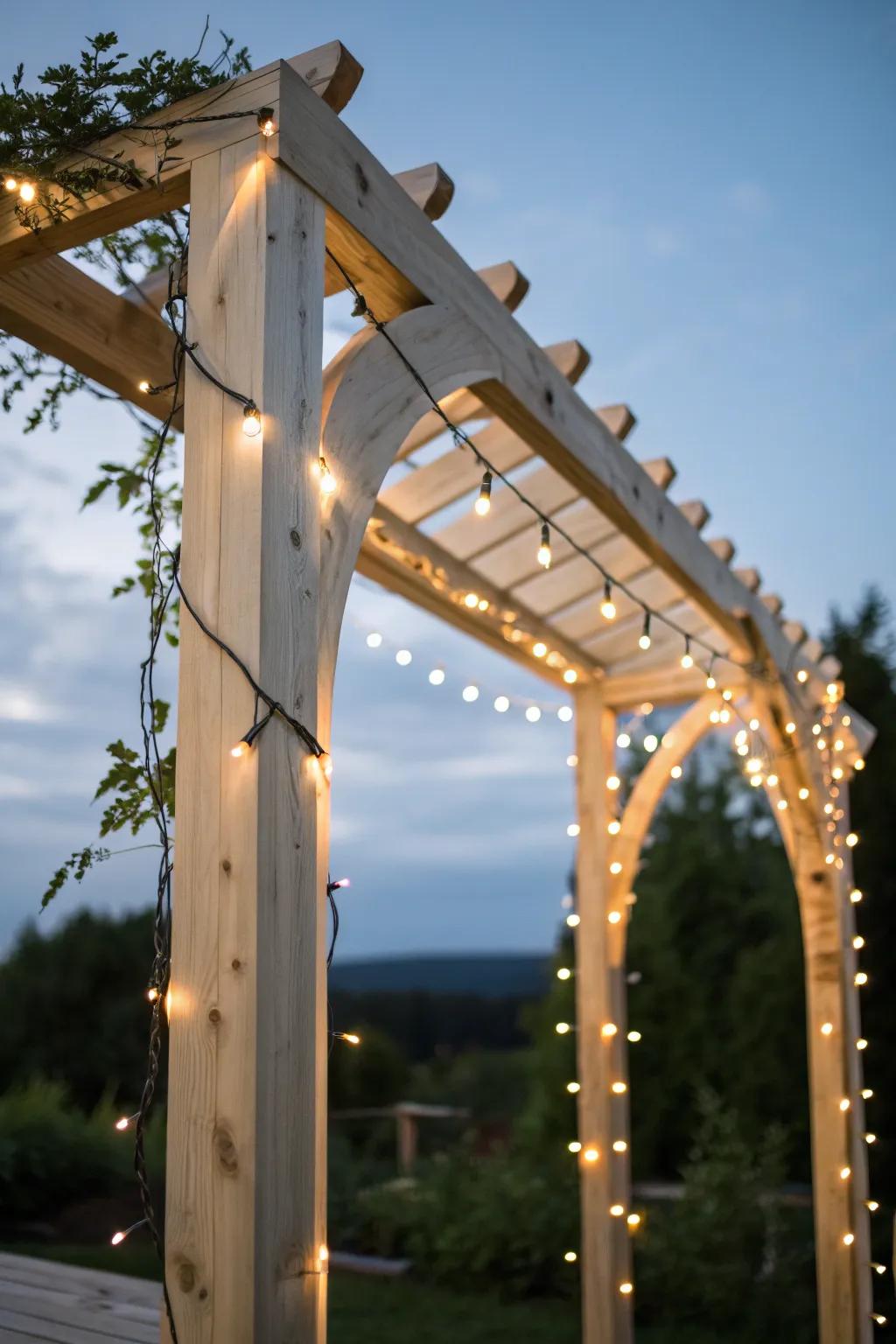 Illuminate your garden with the enchanting glow of string lights wrapped around a simple arch.