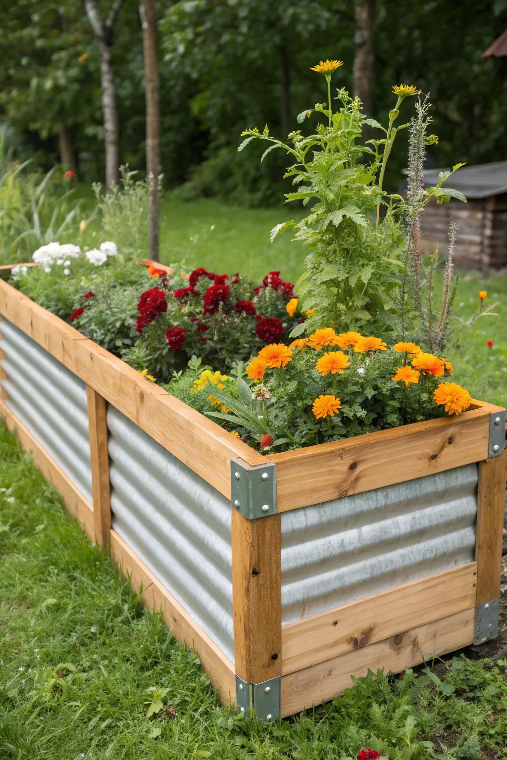 Elevate your garden with a chic blend of corrugated metal and wood. A touch of modern farmhouse charm!