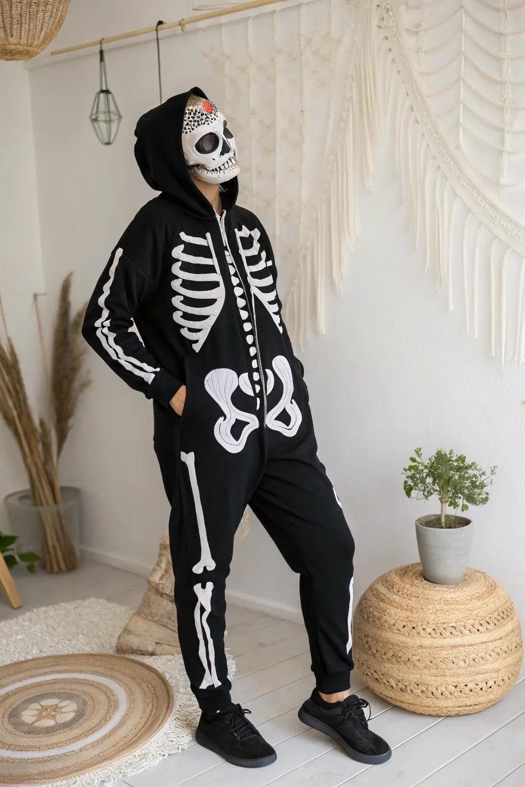Master the art of spooky elegance with this DIY skeleton costume, perfect for a chic Halloween look!