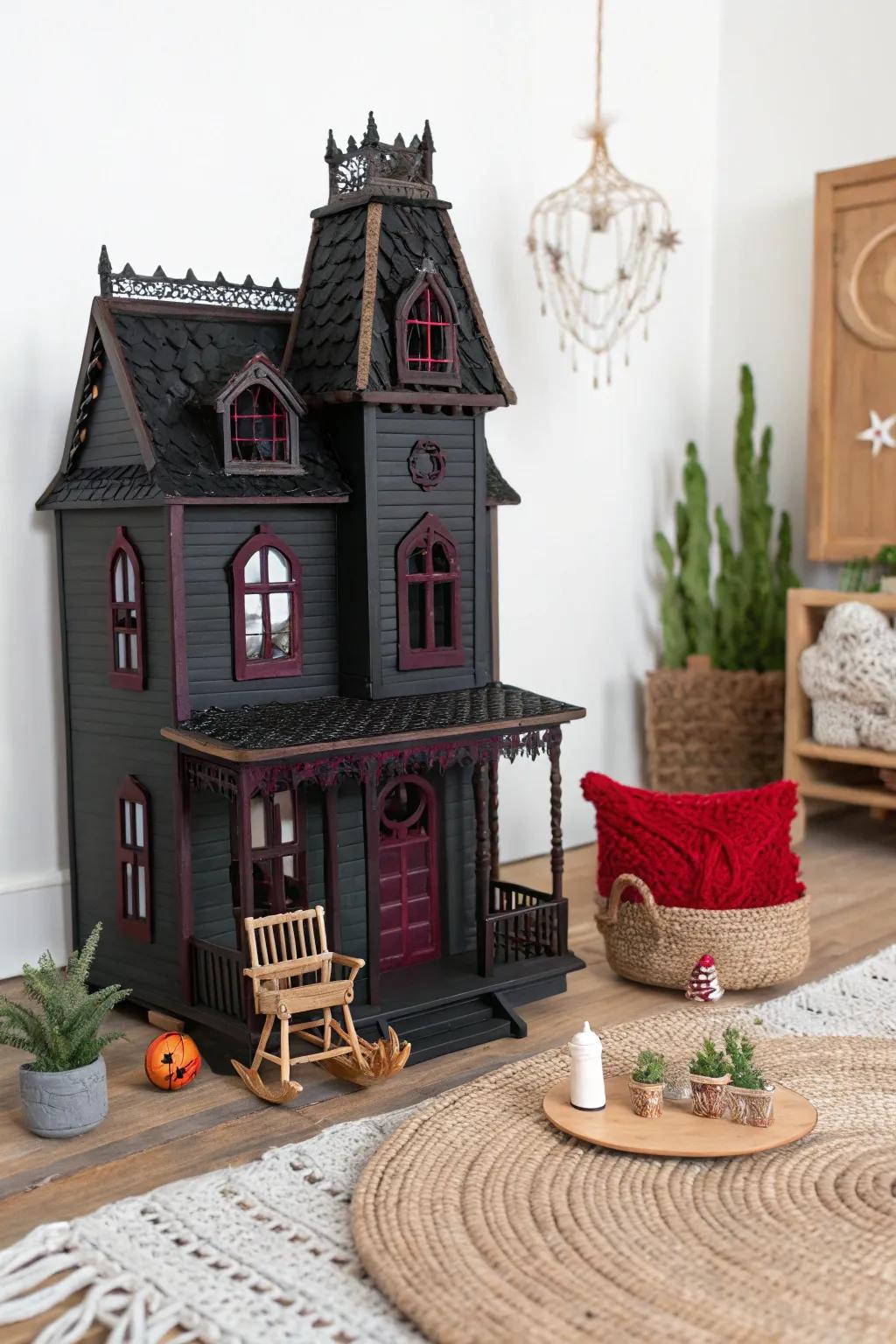 Transform your thrift store find into a hauntingly beautiful miniature mansion with bold colors and minimalist charm!