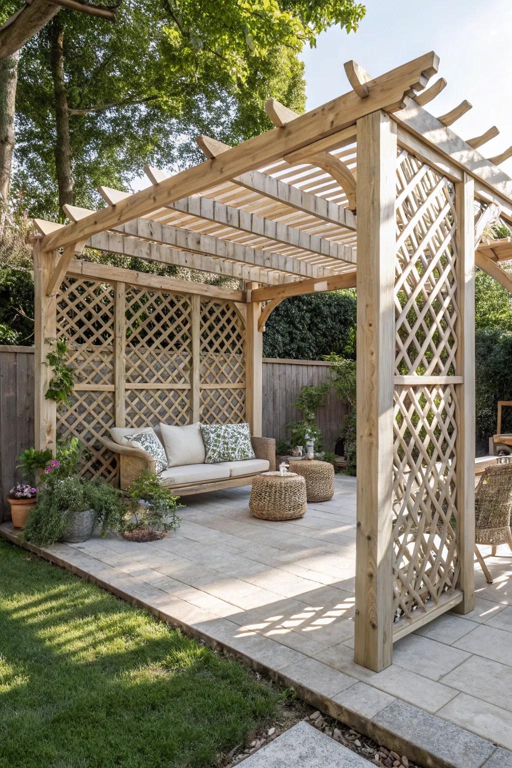 Bask in the charm of a handmade lattice pergola that brings shade and style to your backyard oasis.