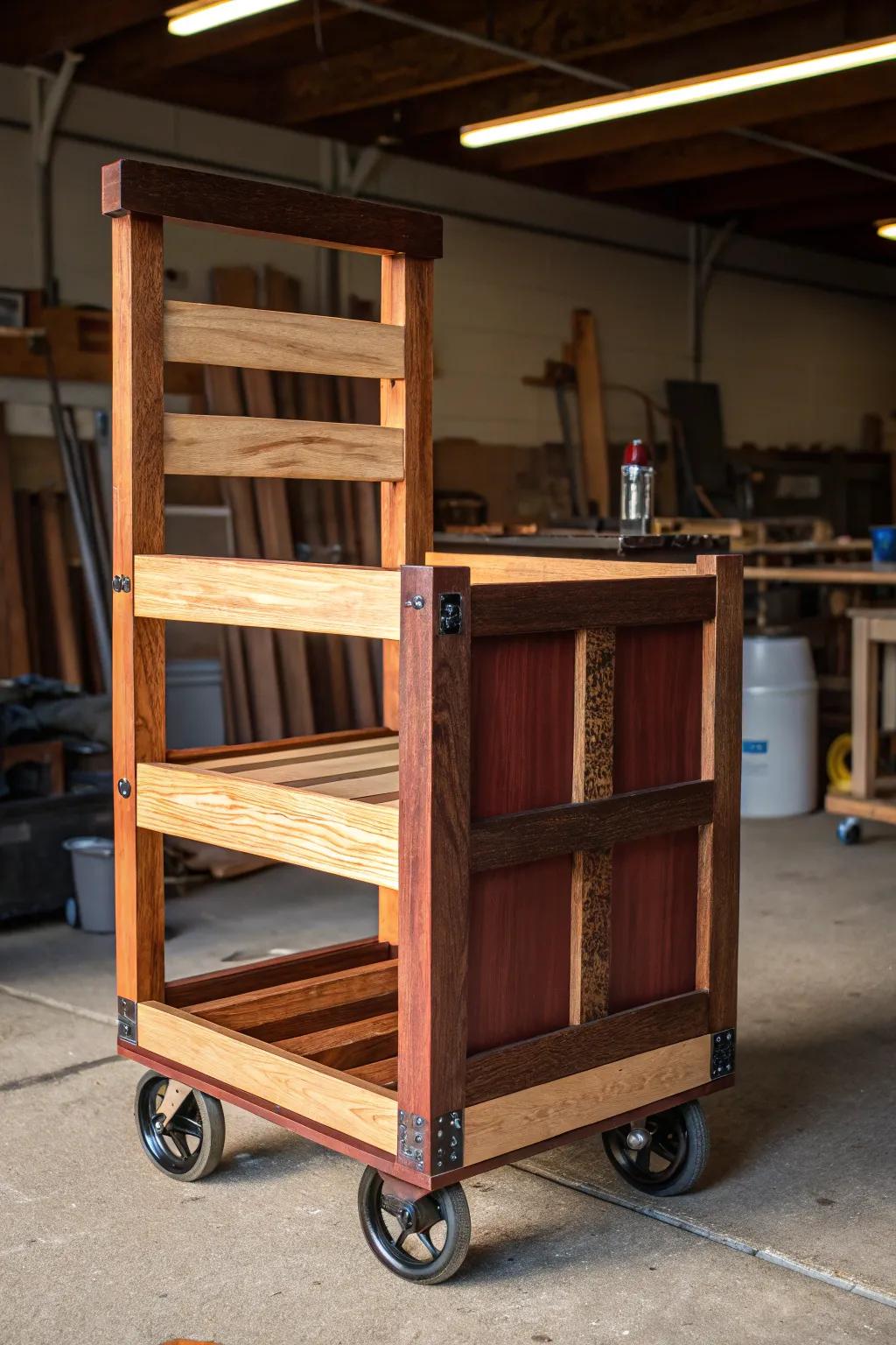 Transform your workspace with a versatile mobile lumber cart, embodying craftsmanship and style.
