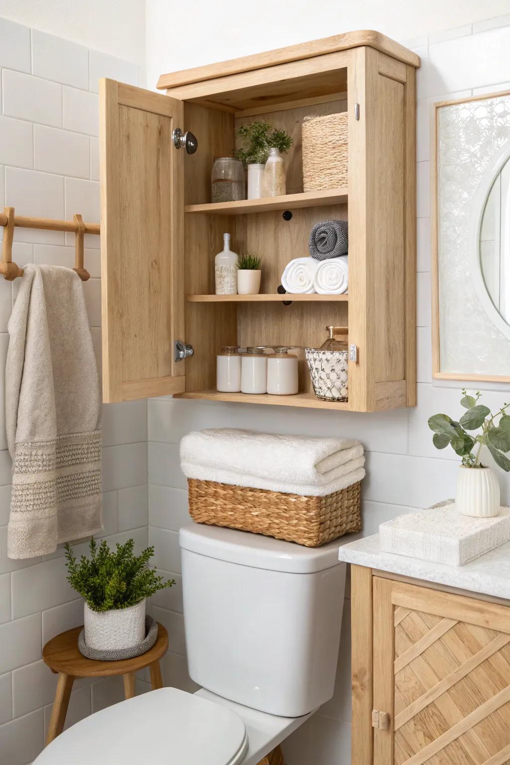 Elevate your bathroom's elegance with a handcrafted overhead cabinet, blending minimalist design with Boho charm.