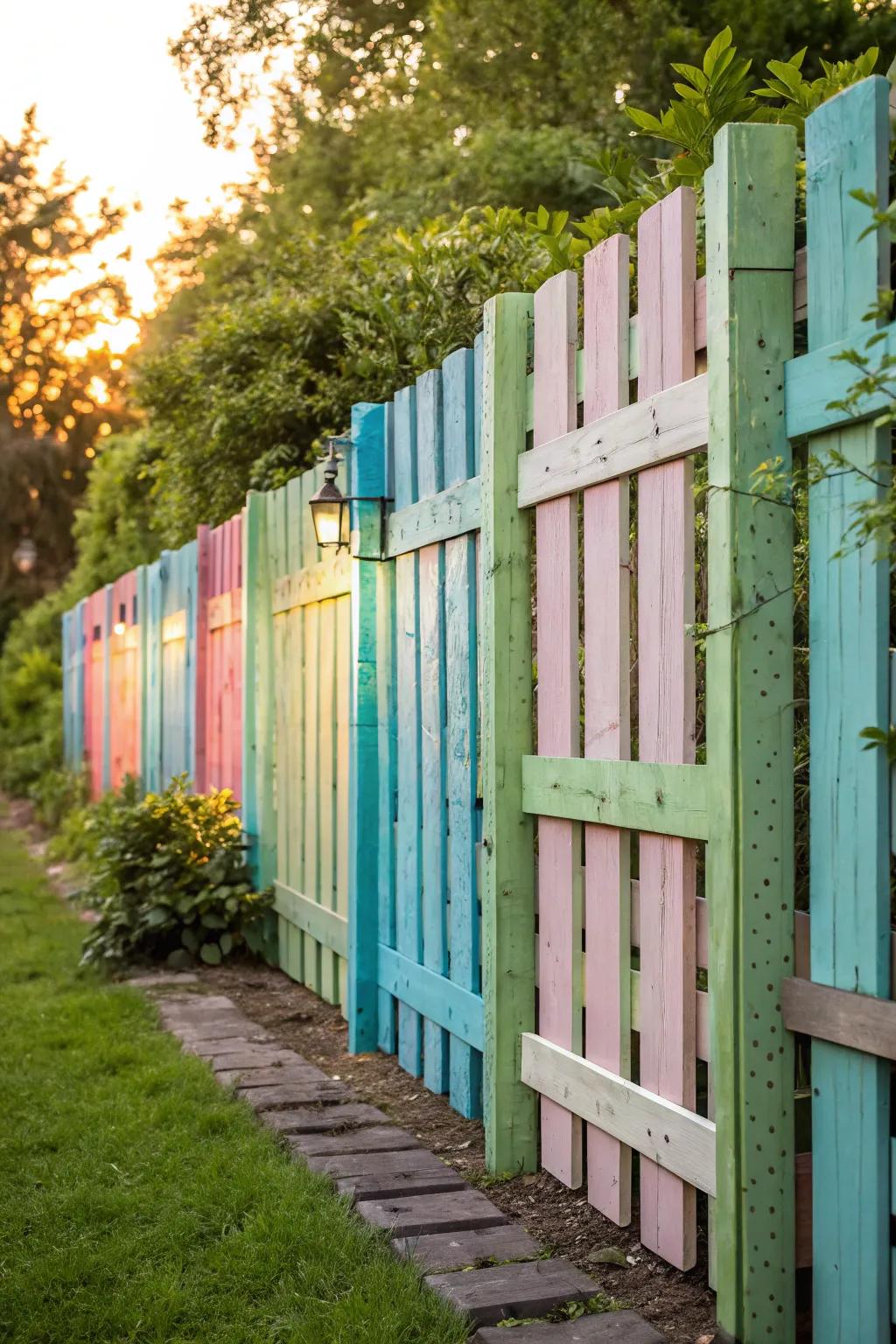 Transform your space with a colorful recycled pallet fence that's both eco-friendly and eye-catching.