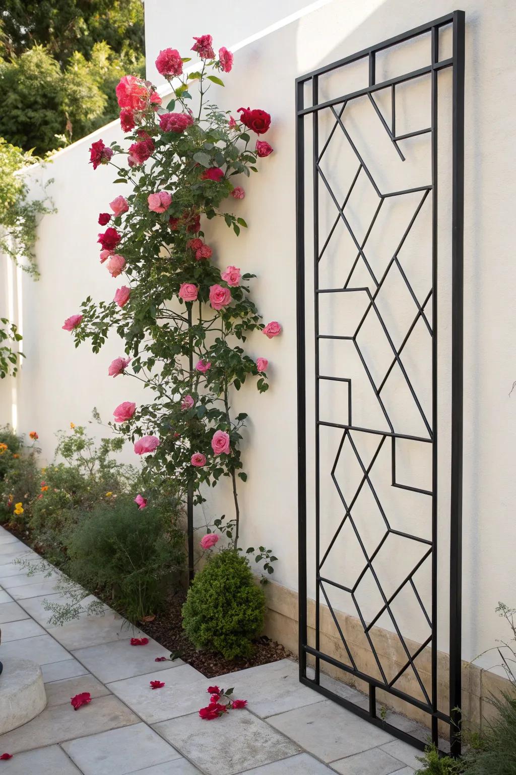Elevate your garden with a chic metal trellis screen, where art meets nature.
