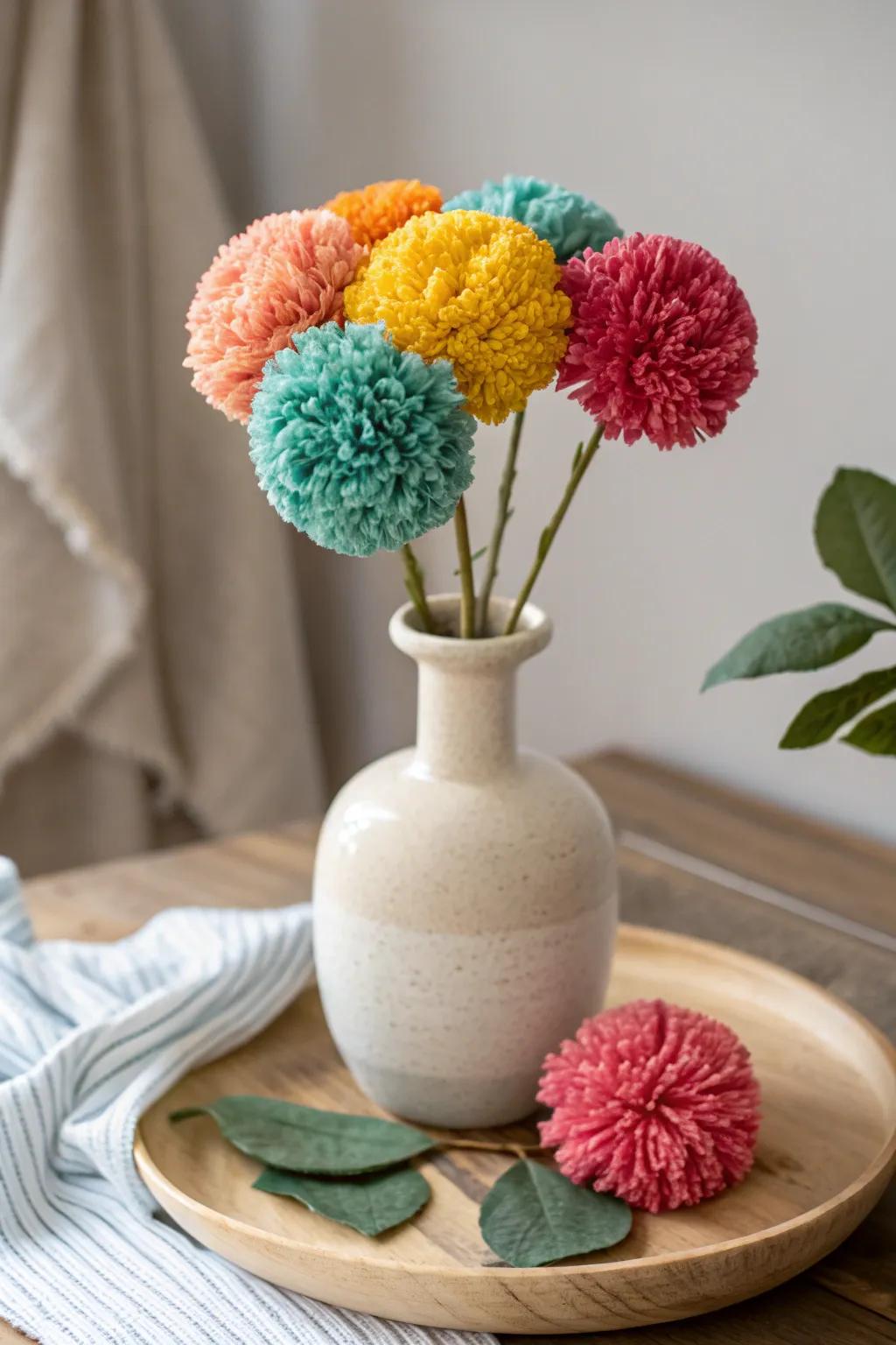 Add a playful burst of color to your space with a charming DIY pom pom yarn flower!
