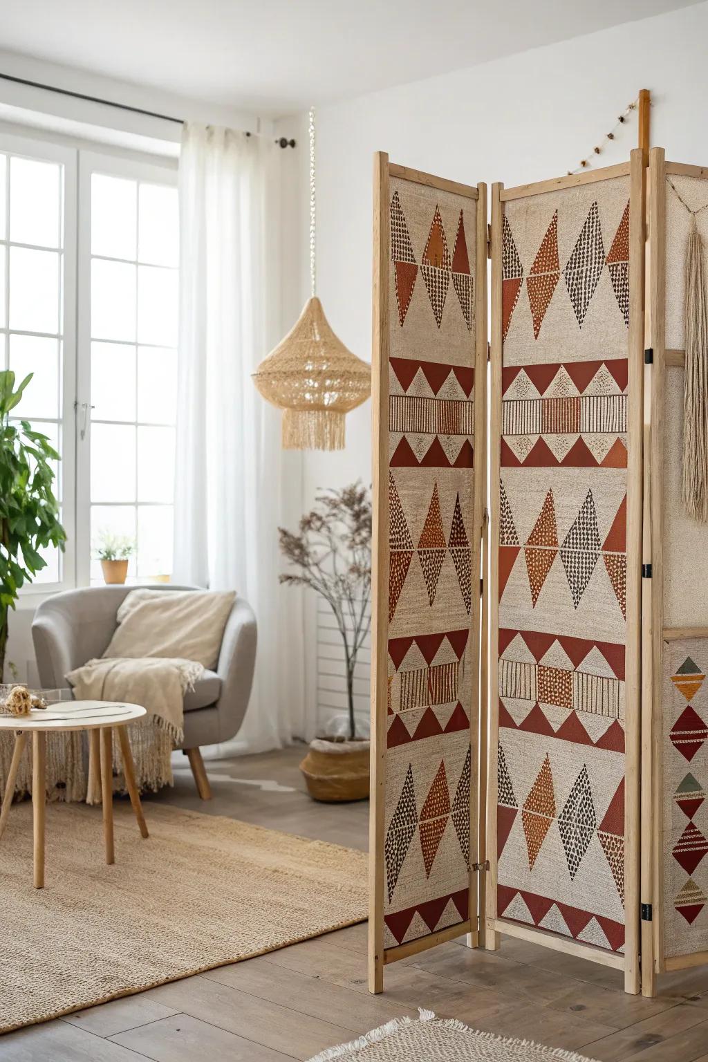 Transform your space with a touch of elegance and bold patterns. #DIYRoomDivider #ScandinavianBoho