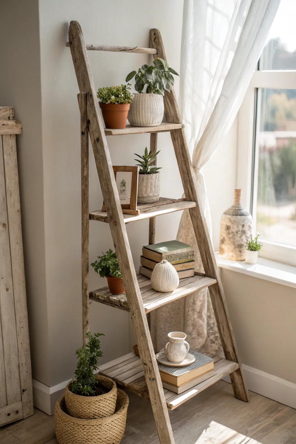 Transform your space with a charming ladder shelf: a perfect blend of rustic charm and minimalist elegance.
