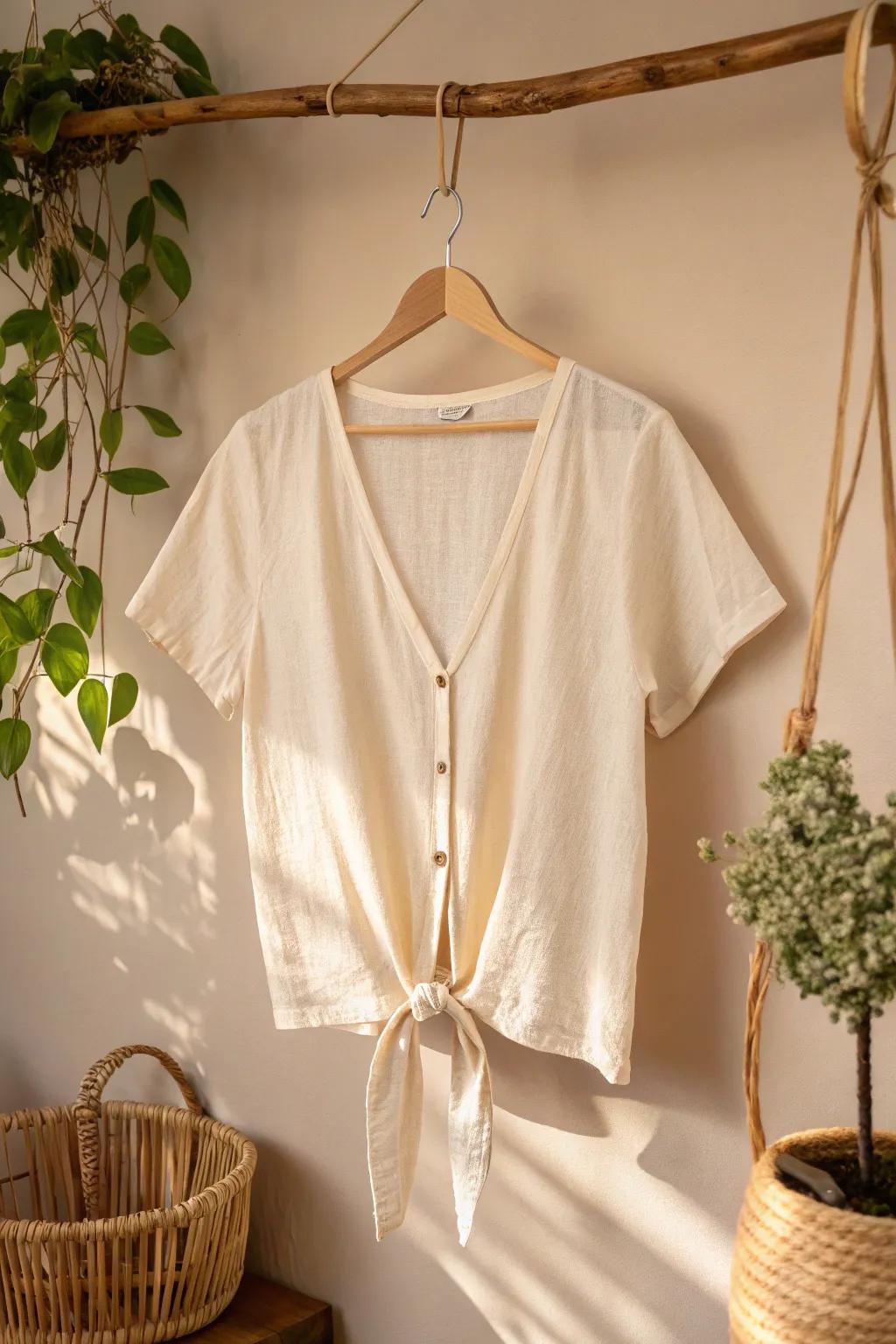 Elevate your style with a simple tie-up front T-shirt! Perfect for laid-back beach vibes. 🌿👚✨ #DIYFashion #MinimalistBoho