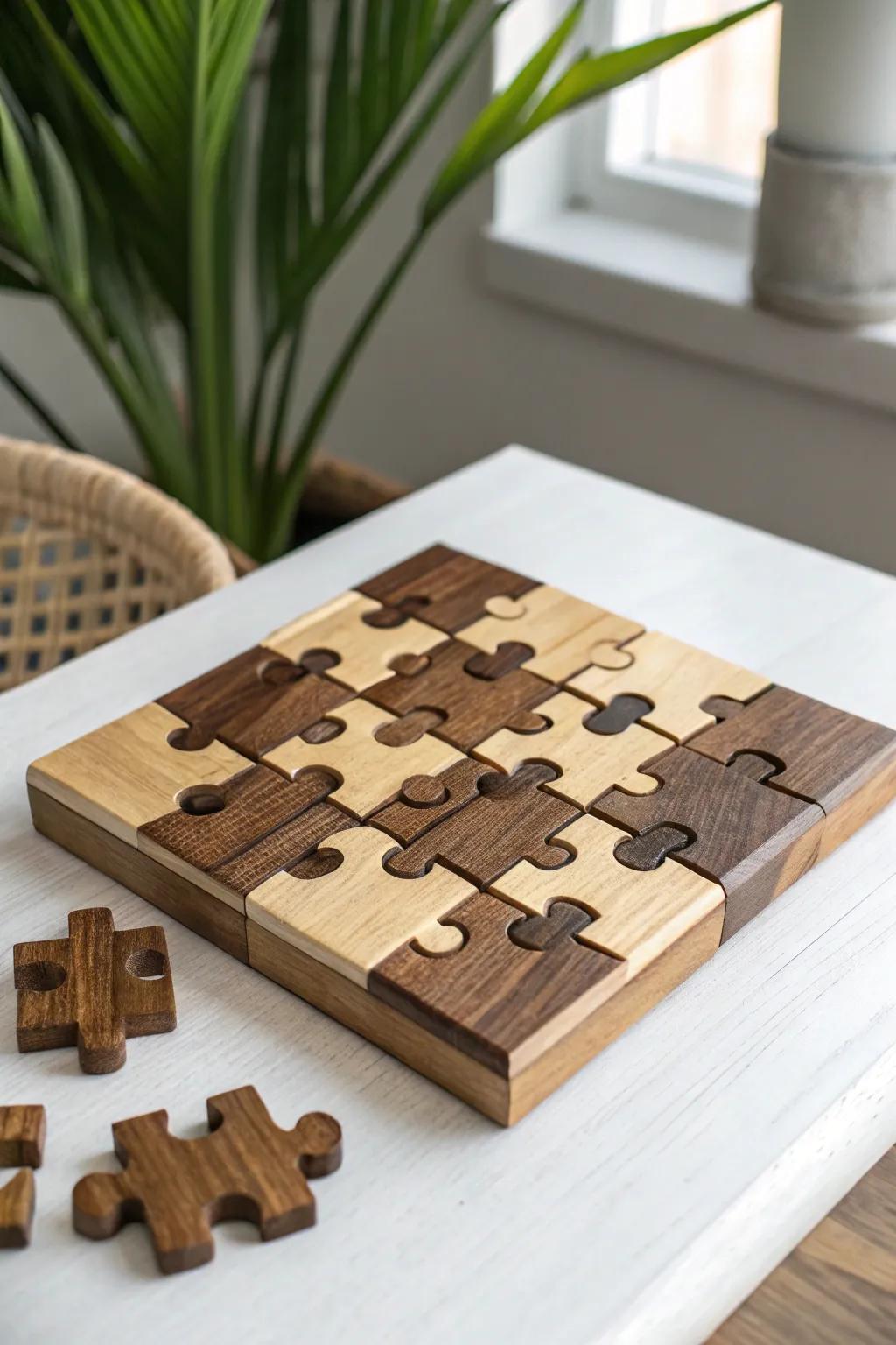 Unleash creativity with eco-friendly elegance: a scrapwood puzzle centerpiece that tells its own story.