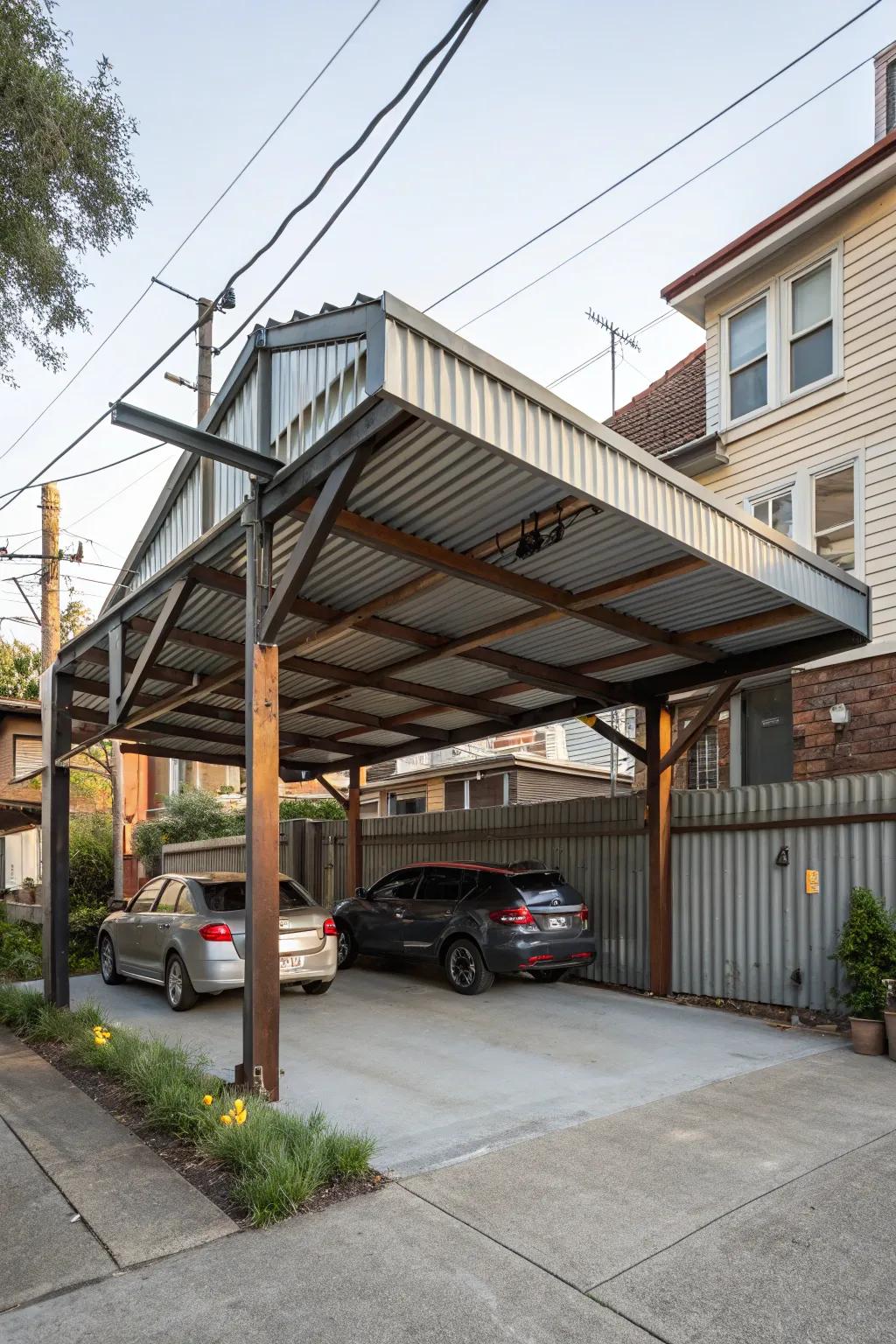 An industrial carport that makes a strong architectural statement.