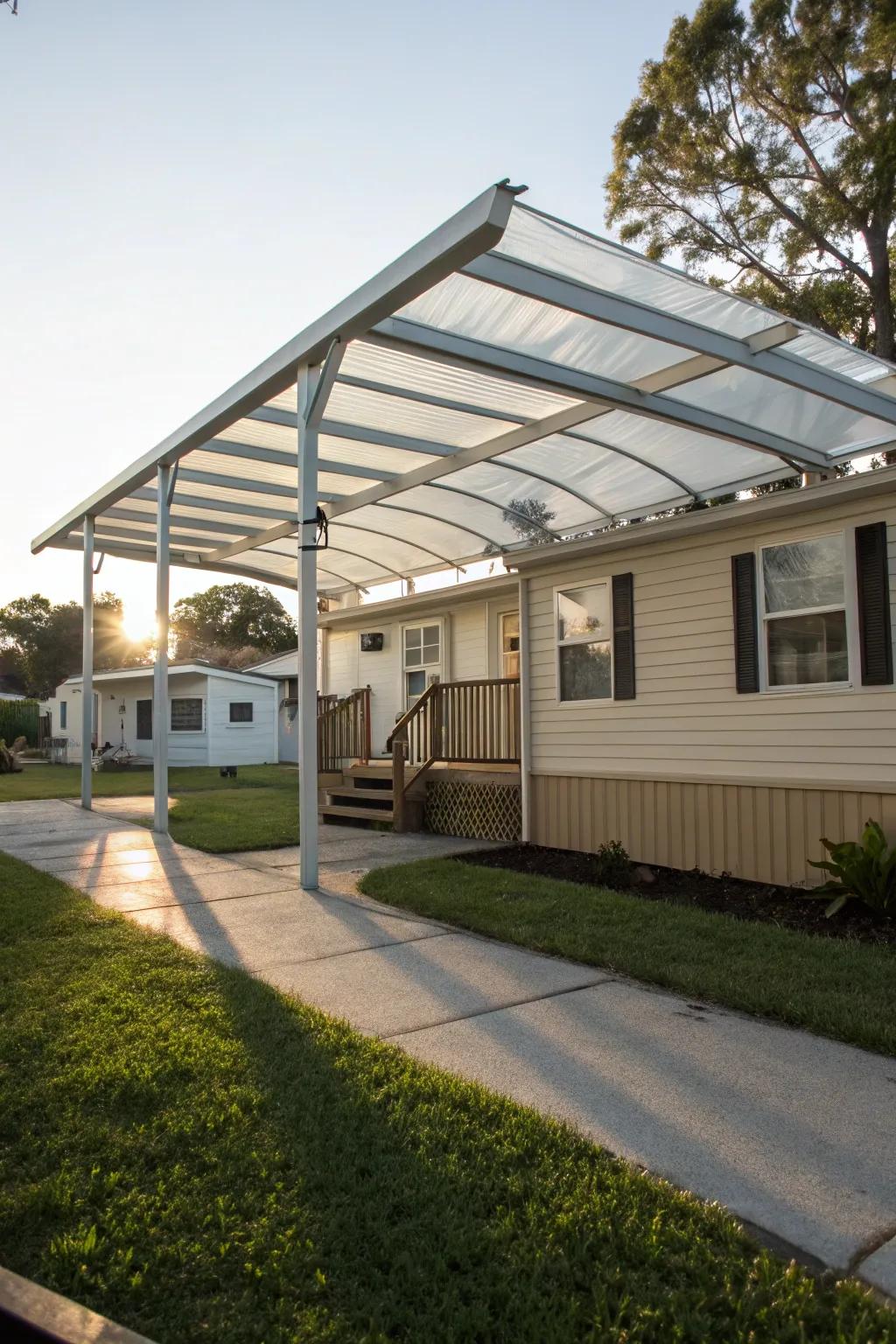 Clear-top pergola carport that bathes the area in natural light.