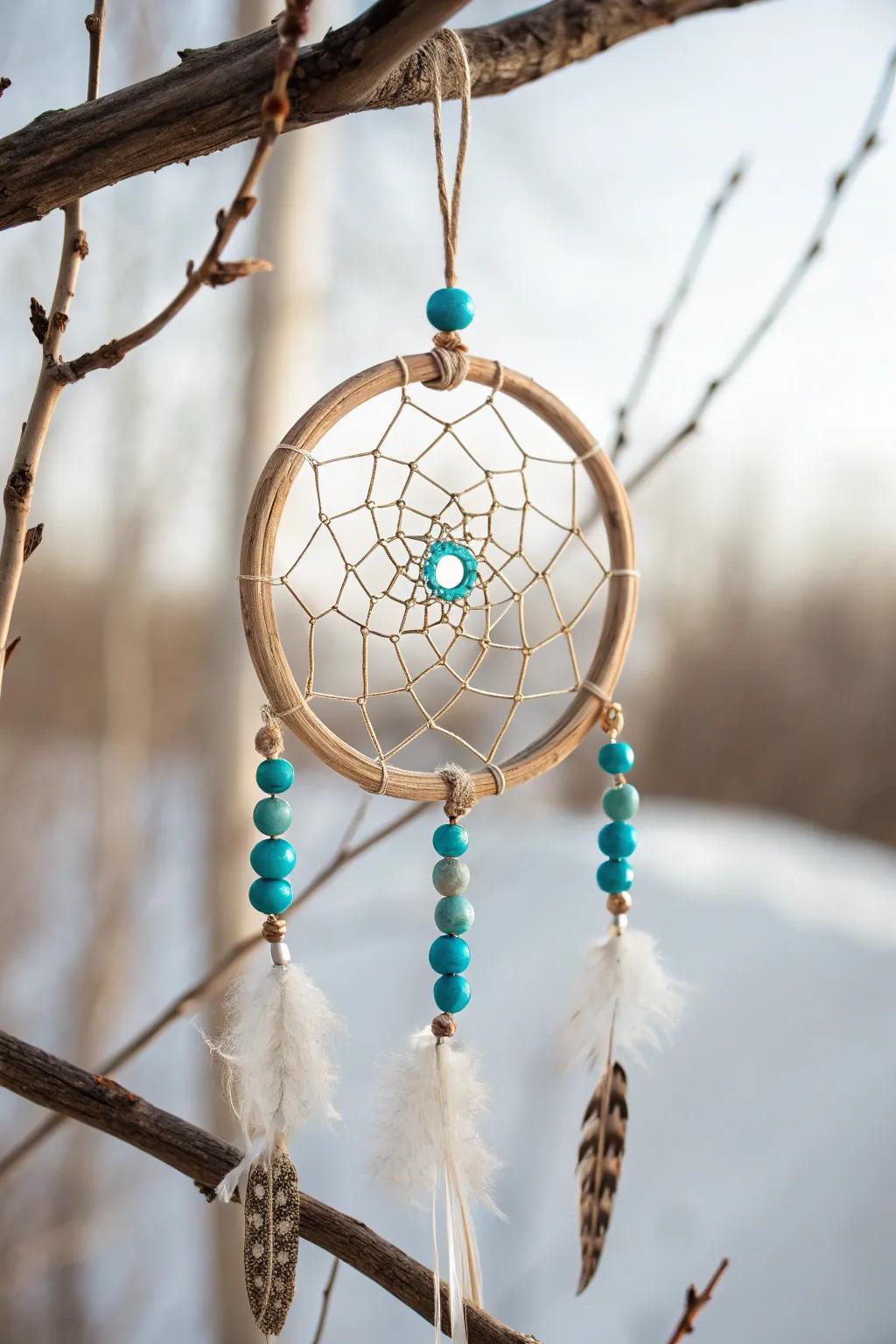 Elevate your dream catcher with beaded elegance—turquoise beads add a stunning pop of color to minimalist designs.