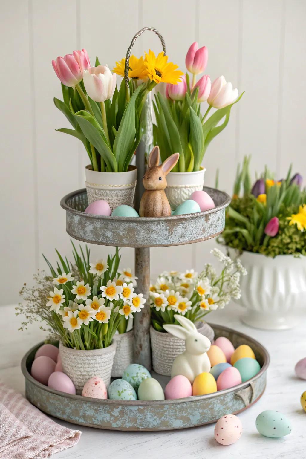 Spring flowers like tulips and daisies add a fresh touch.