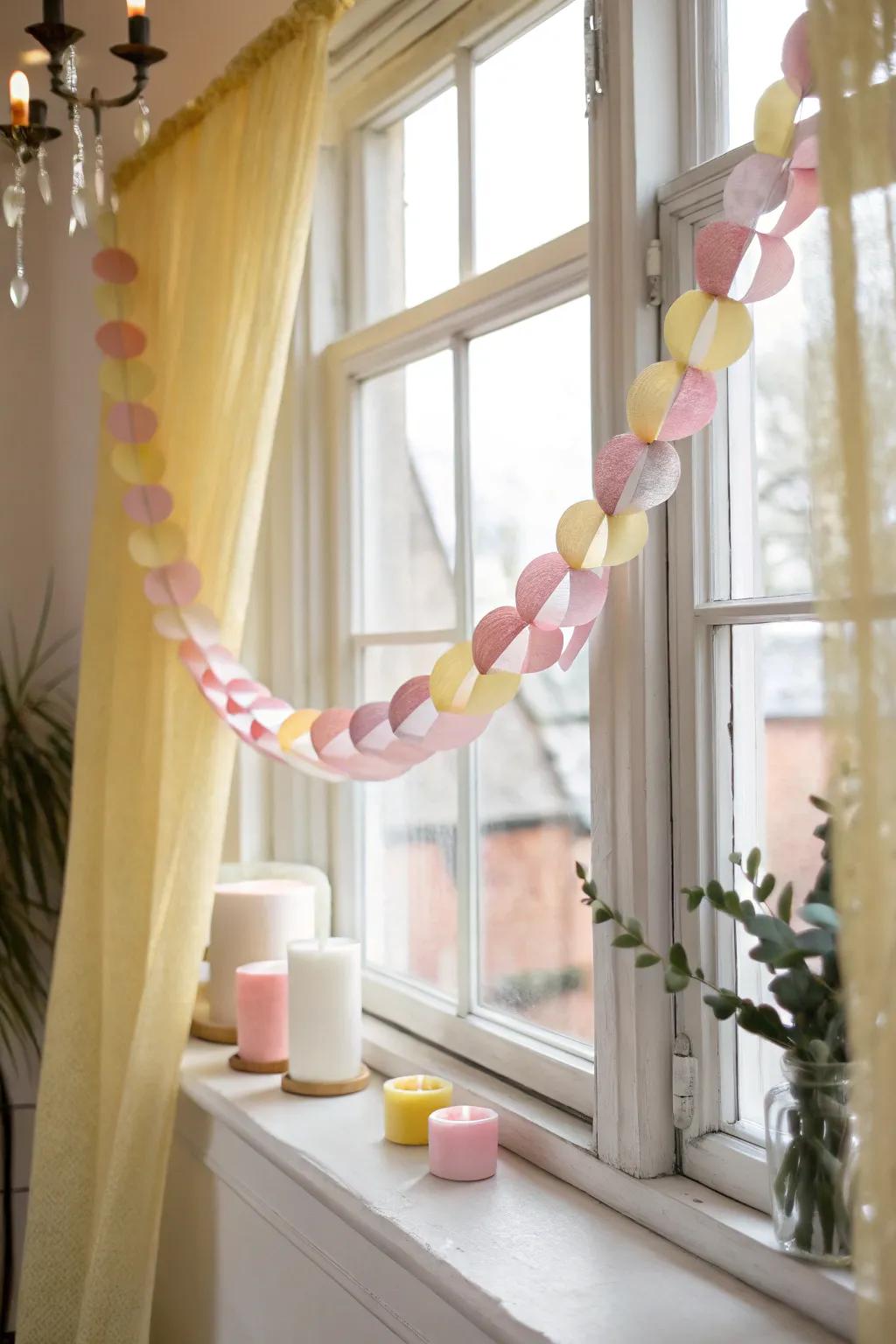 A pastel paper garland adds a soft touch to the window.