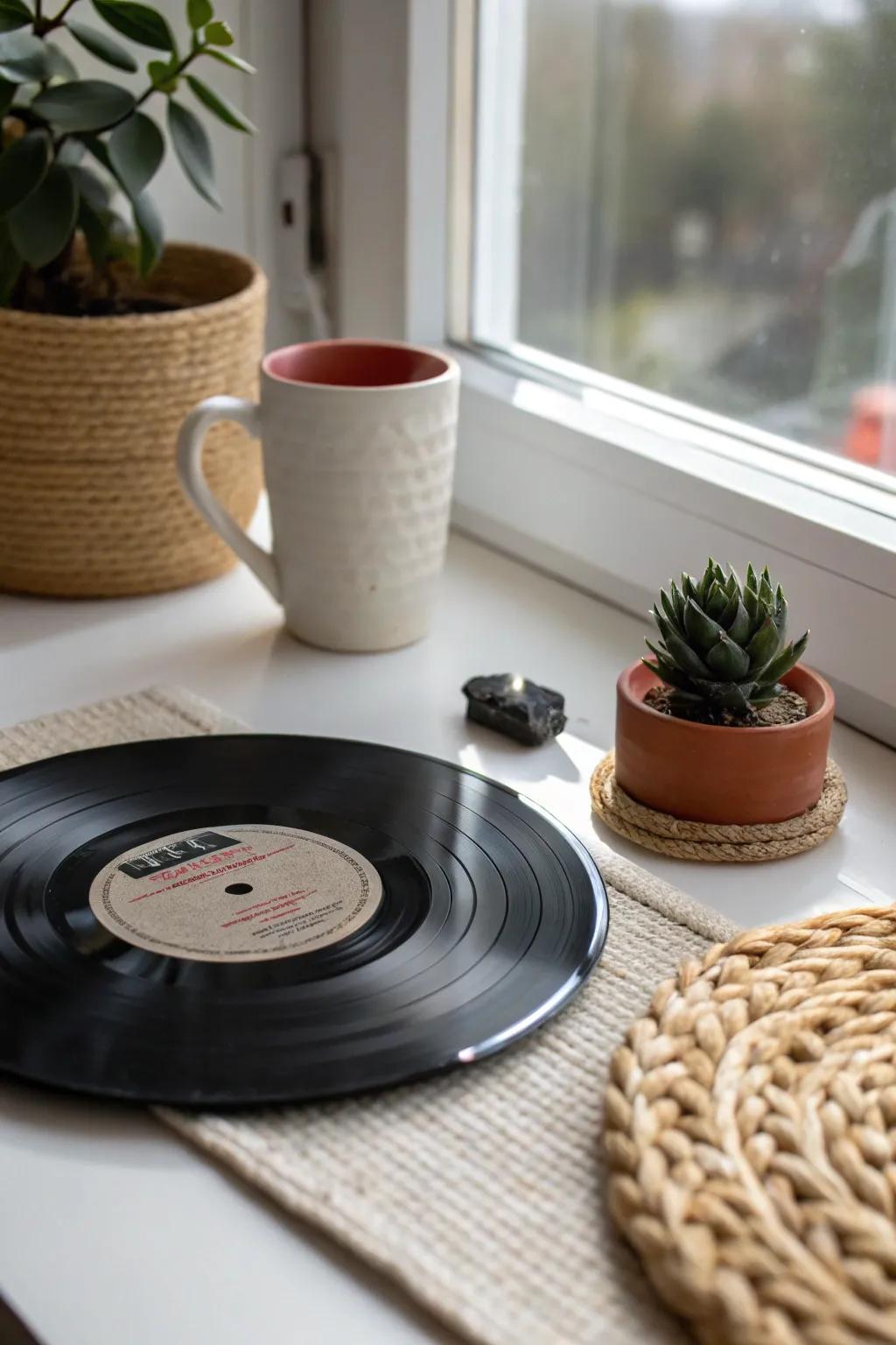 Elevate your table setting with these chic DIY vinyl record coasters — where minimalist design meets vintage charm!
