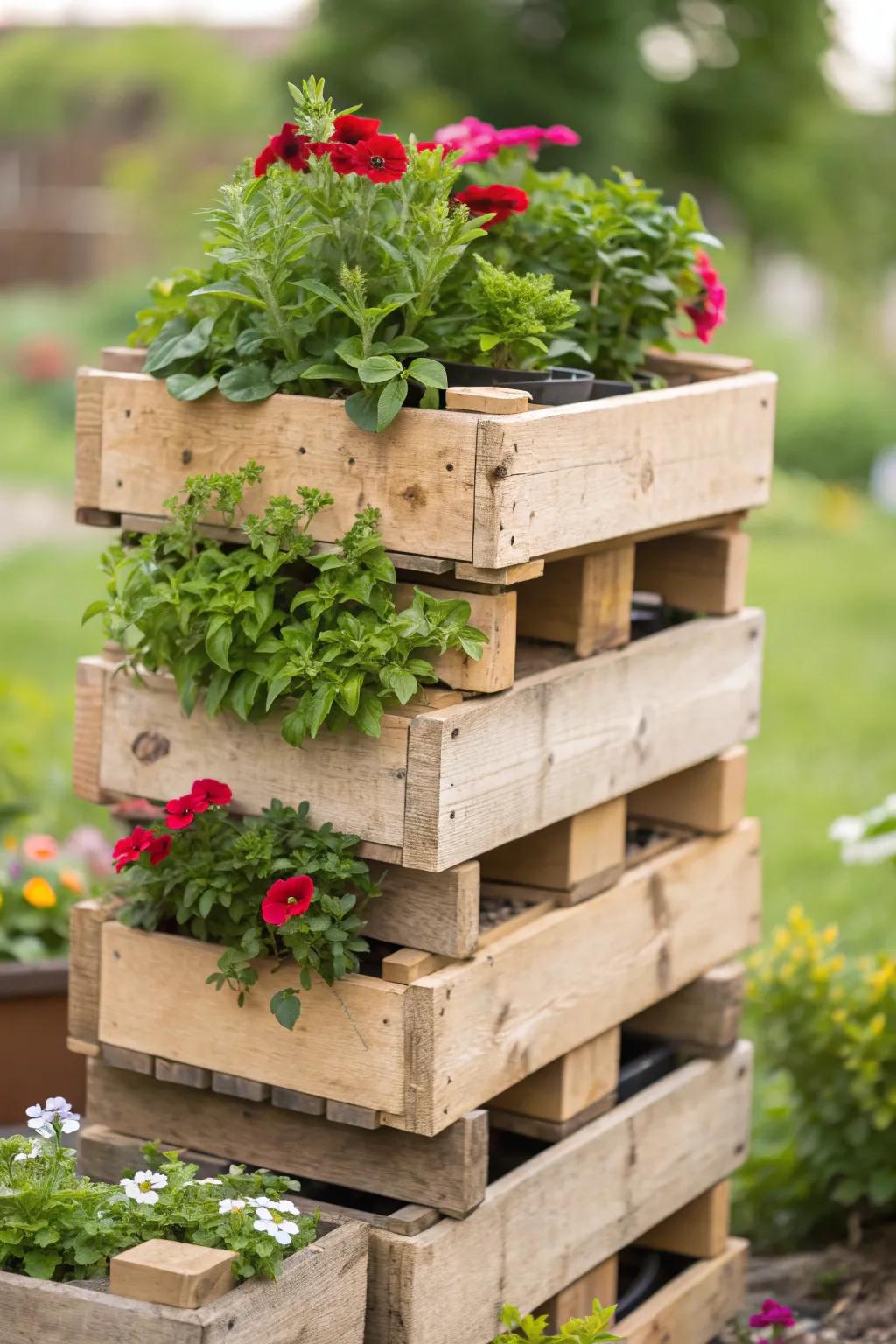 Elevate your garden game with bold and beautiful stacked pallet planters.