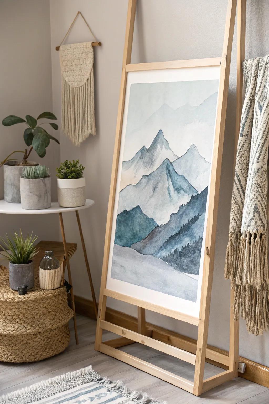 Dive into tranquility with abstract watercolor mountains, where layers of blue and gray create a serene masterpiece.