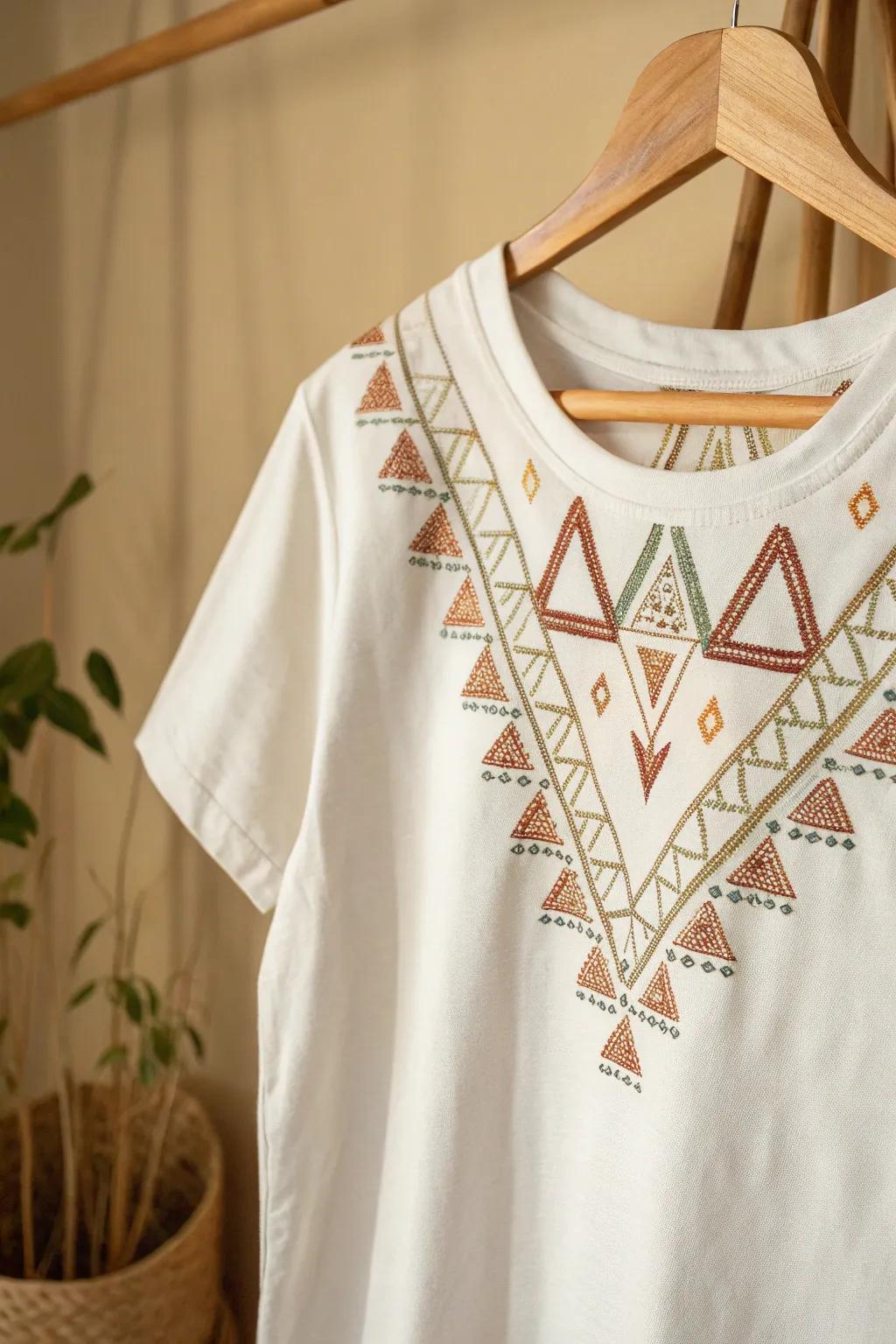 Elevate your tee game with geometric grace. Discover the beauty of simplicity with our embroidered designs. #MinimalistBoho