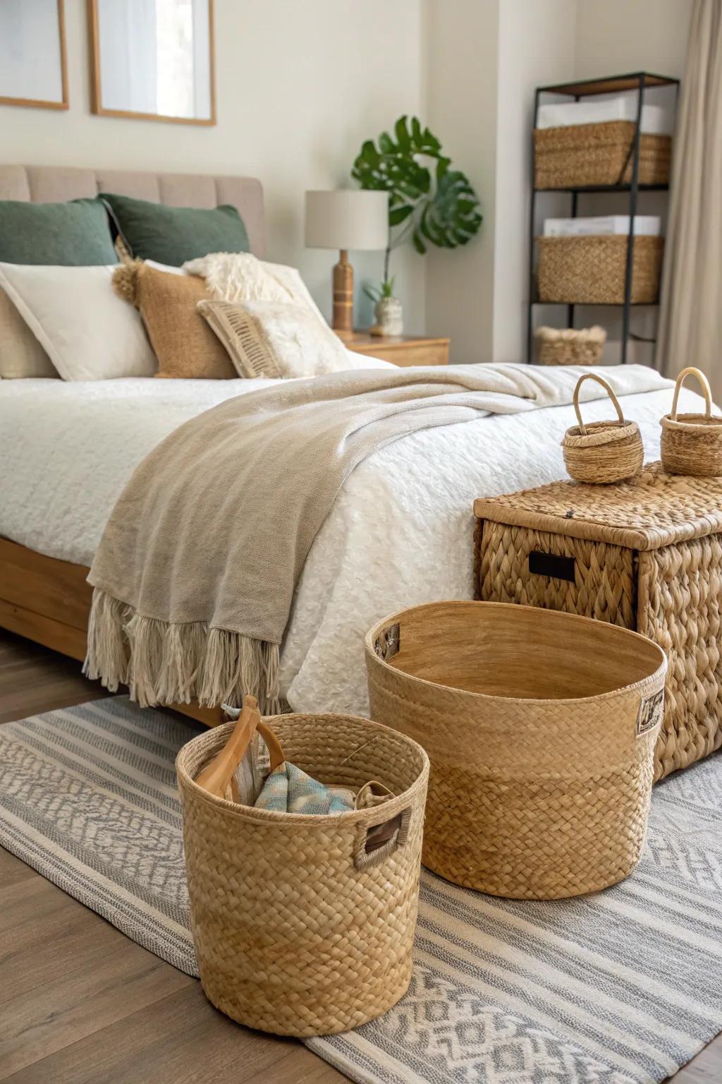 Baskets and bins offer a rustic touch to bedroom storage.