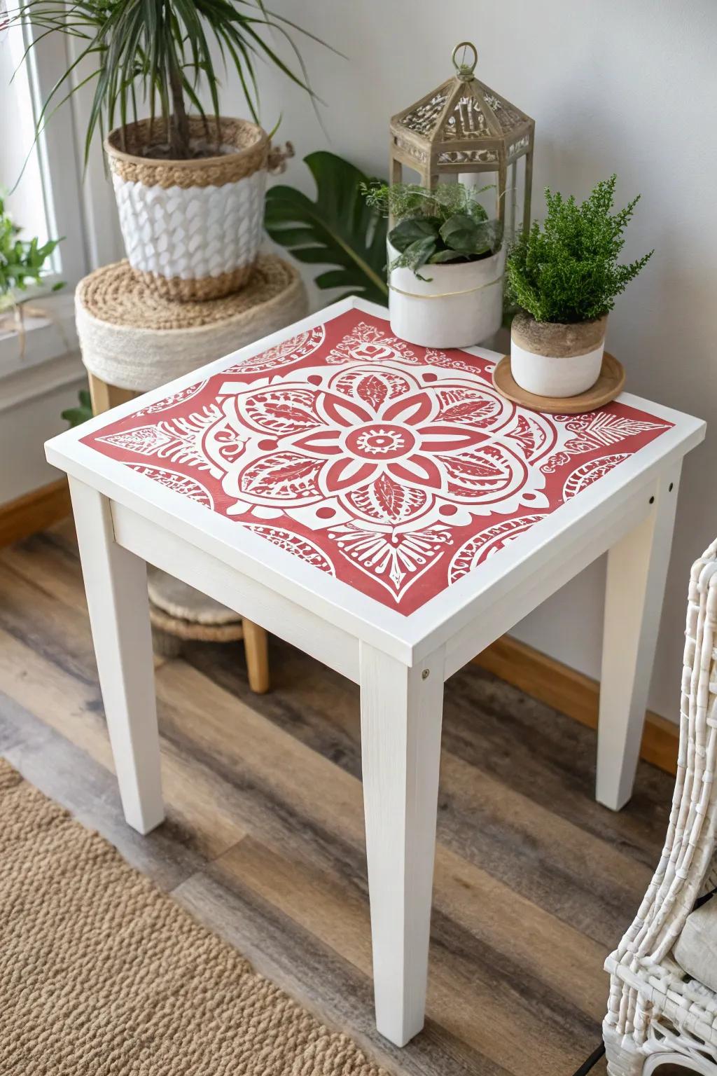 Transform your space with stunning stencil art! This end table blends Scandinavian minimalism with boho flair, bringing personality and craftsmanship to your home.