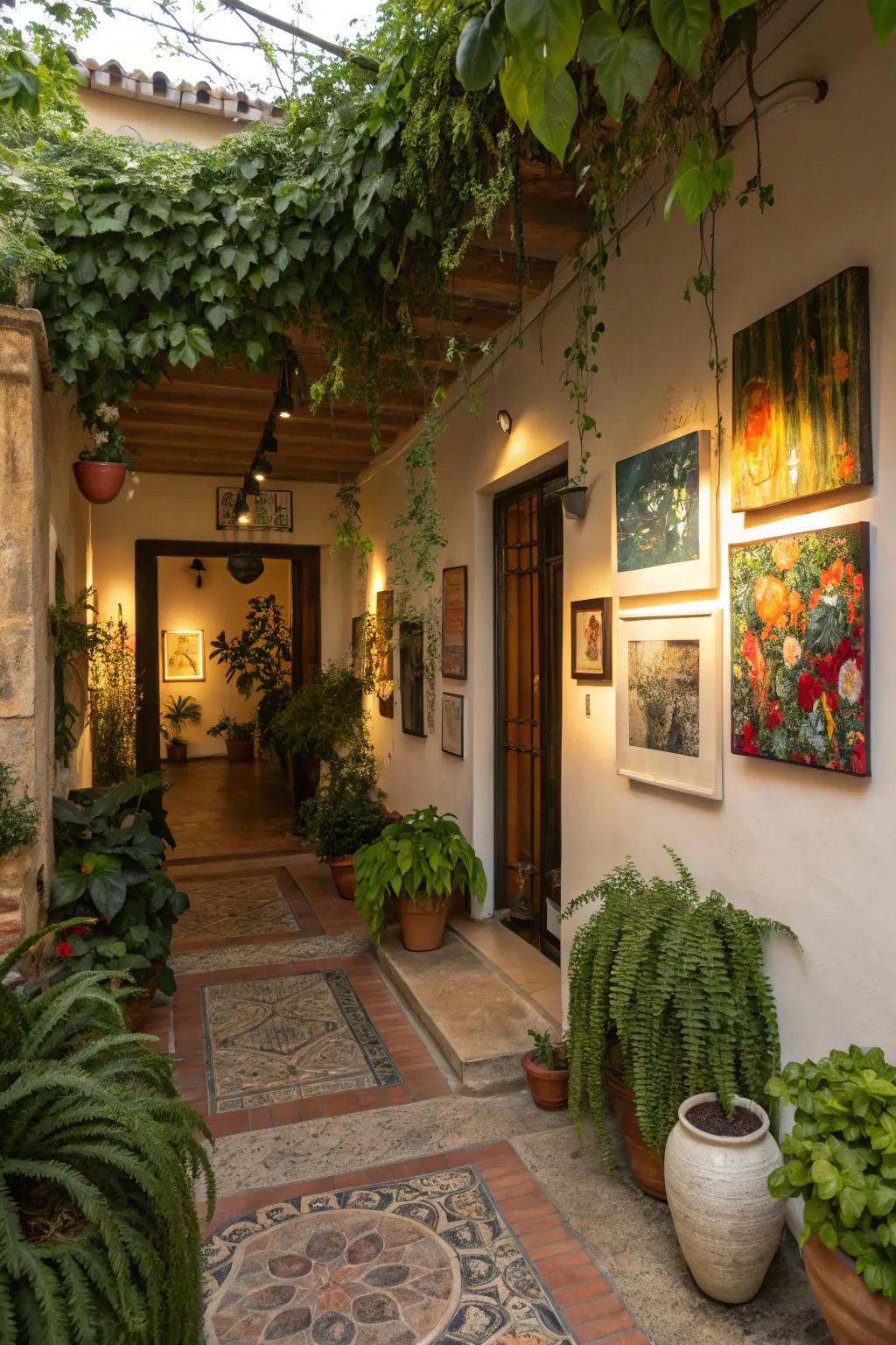 Natural elements like greenery add life to the entryway.