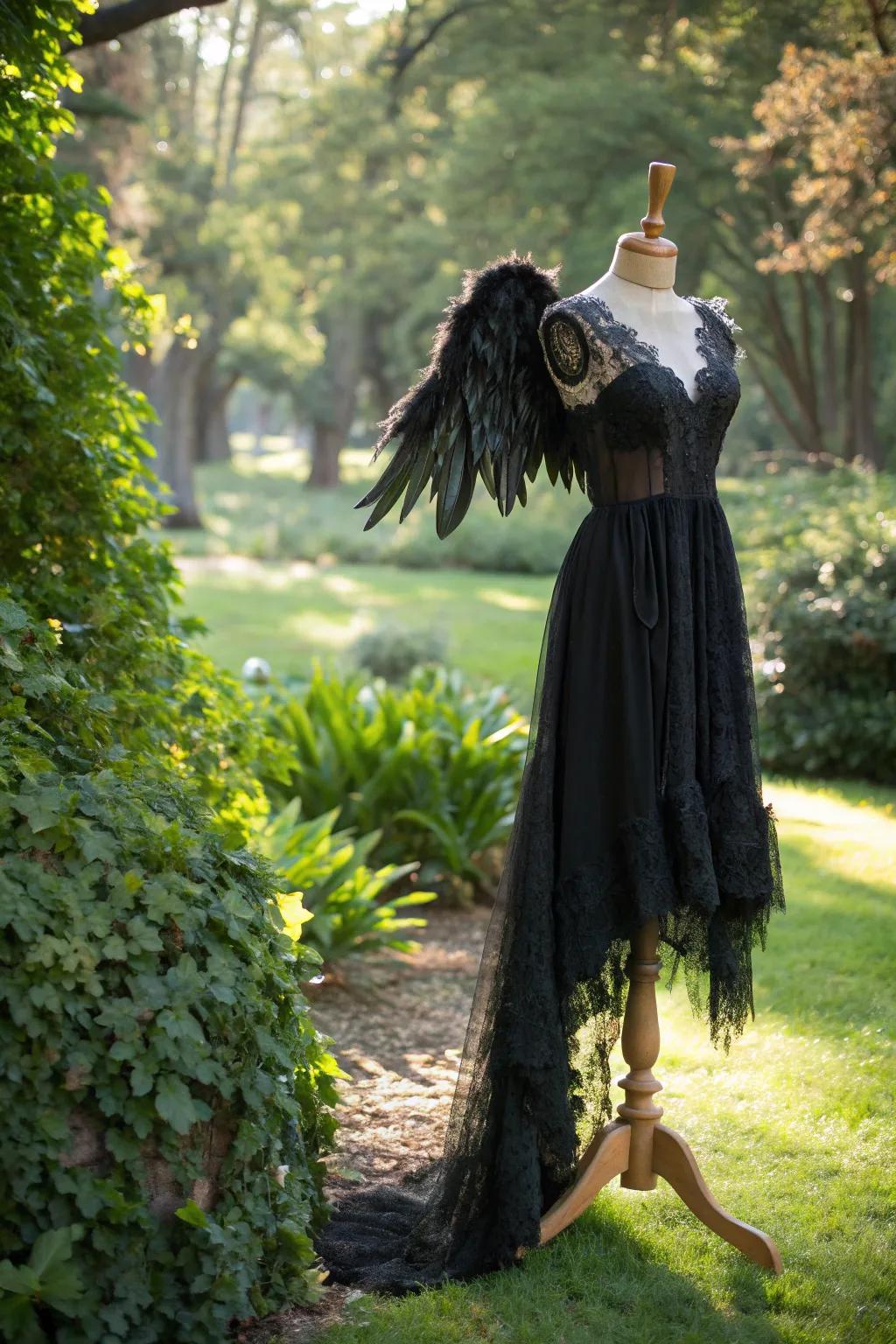 Embrace the ethereal beauty of nature with this striking fallen angel costume, where dark elegance meets lush greenery.