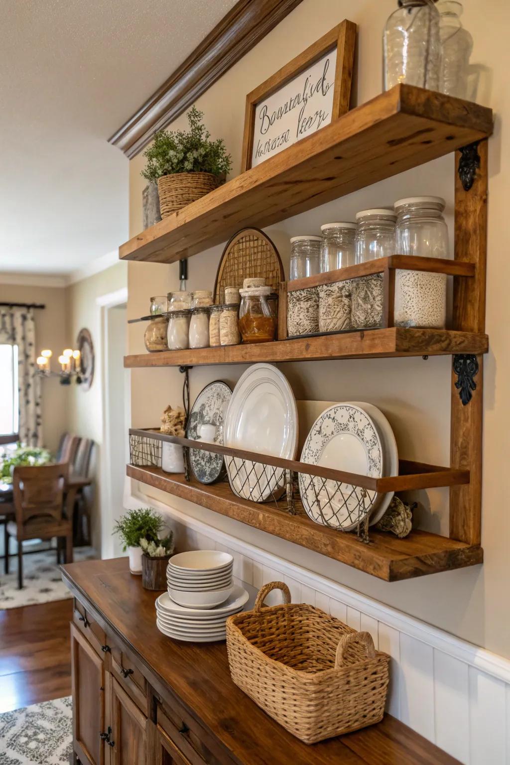 Farmhouse-style shelves display charming decor items in this dining room.