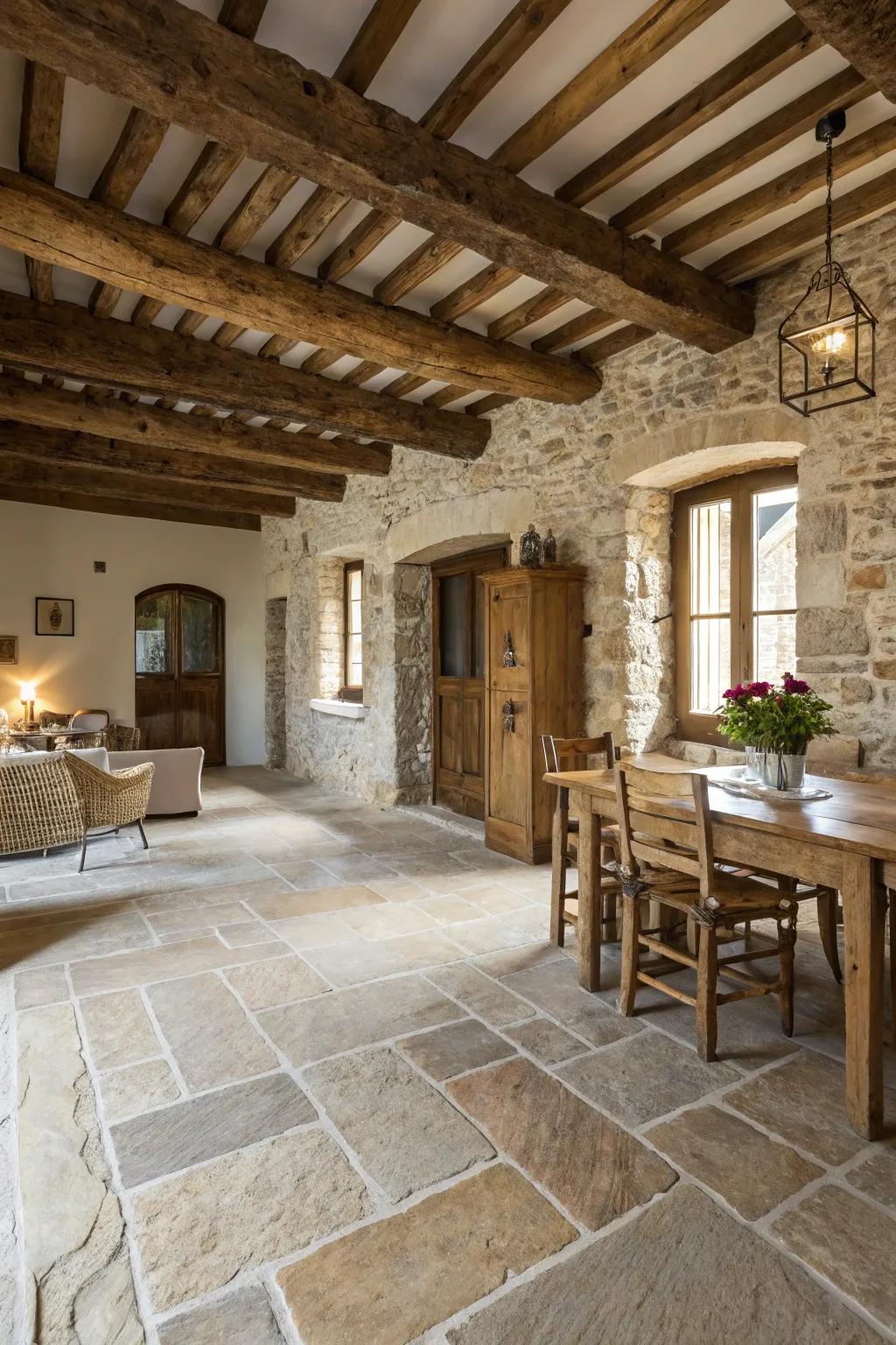 Natural stone tiles create an earthy and authentic farmhouse feel.