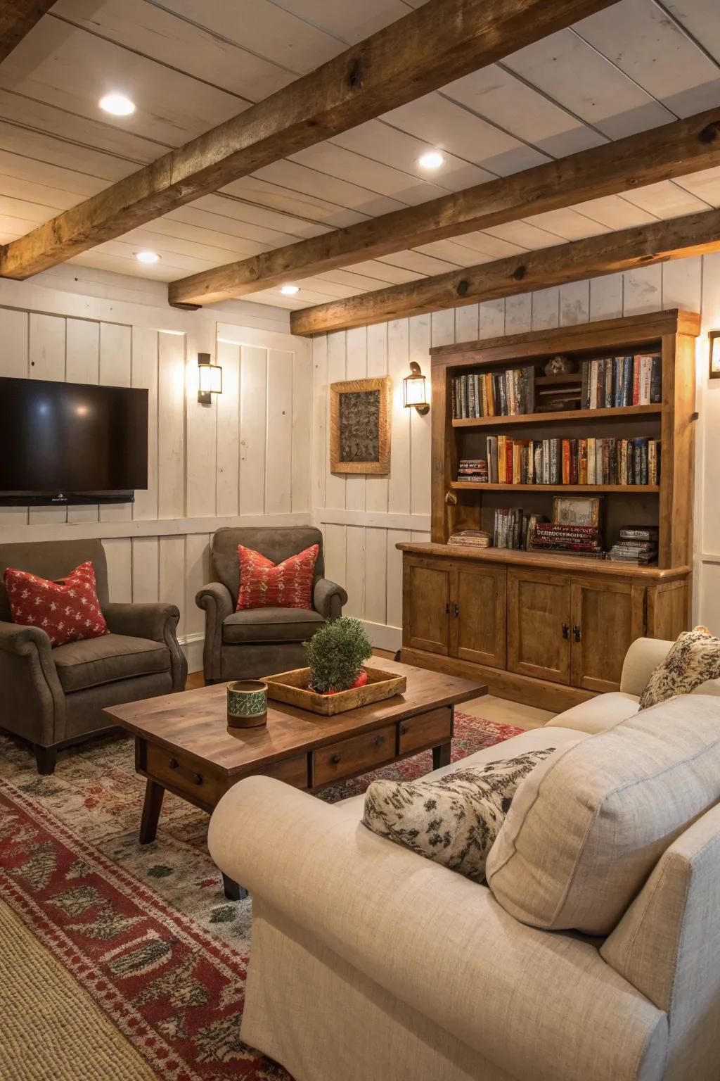 Inviting living room with classic shiplap wainscoting.