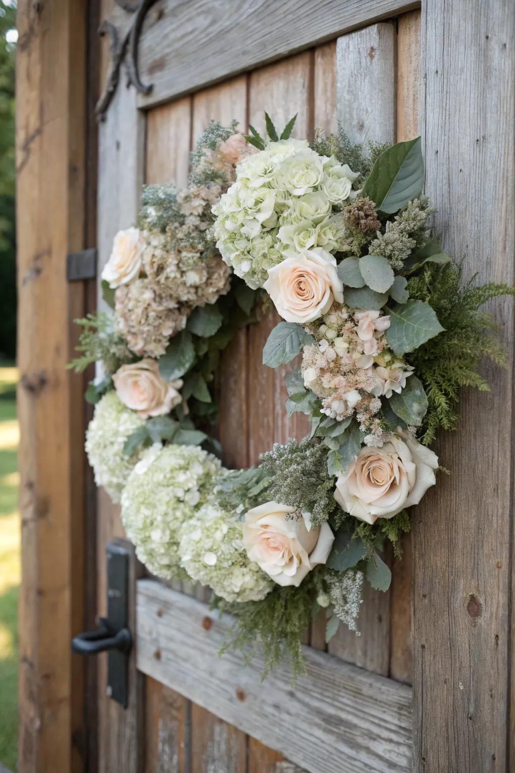 Neutral flowers add a touch of elegance to a farmhouse wreath.