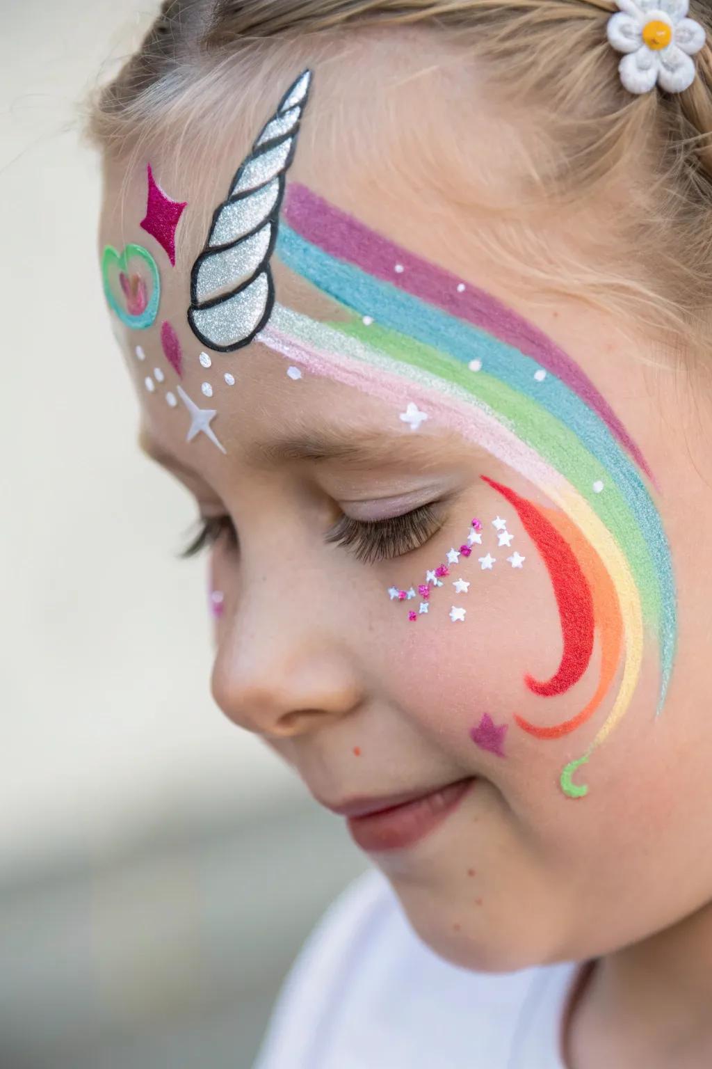 Transform into a fairytale with this magical unicorn face paint design.