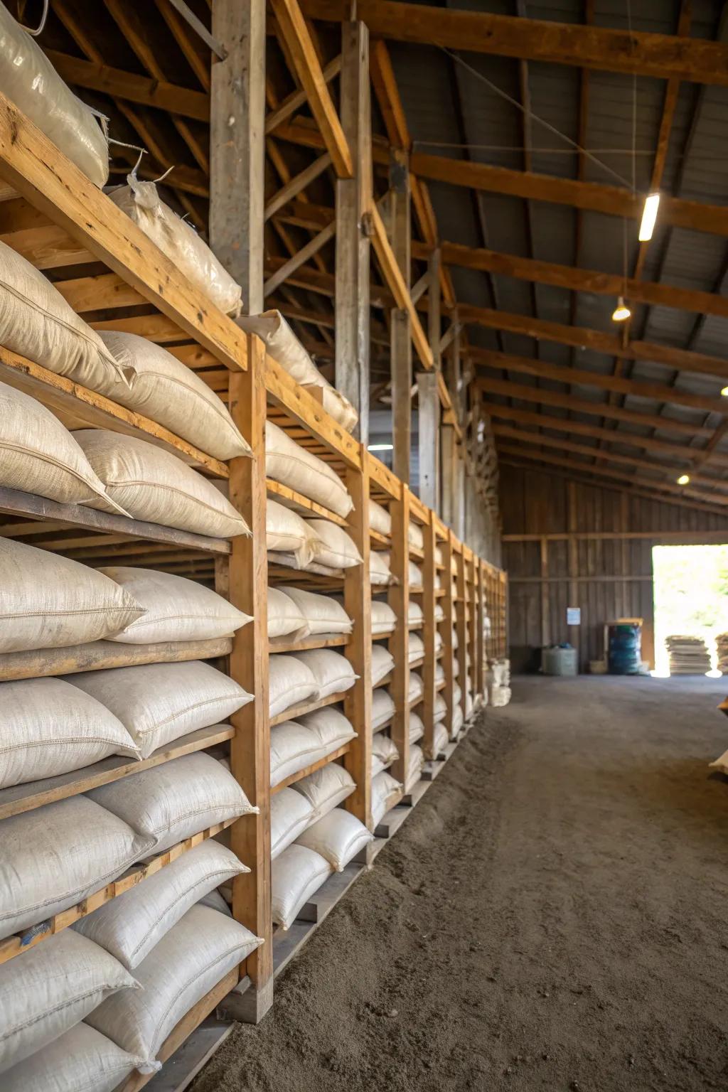 Vertical storage racks for hanging feed bags.