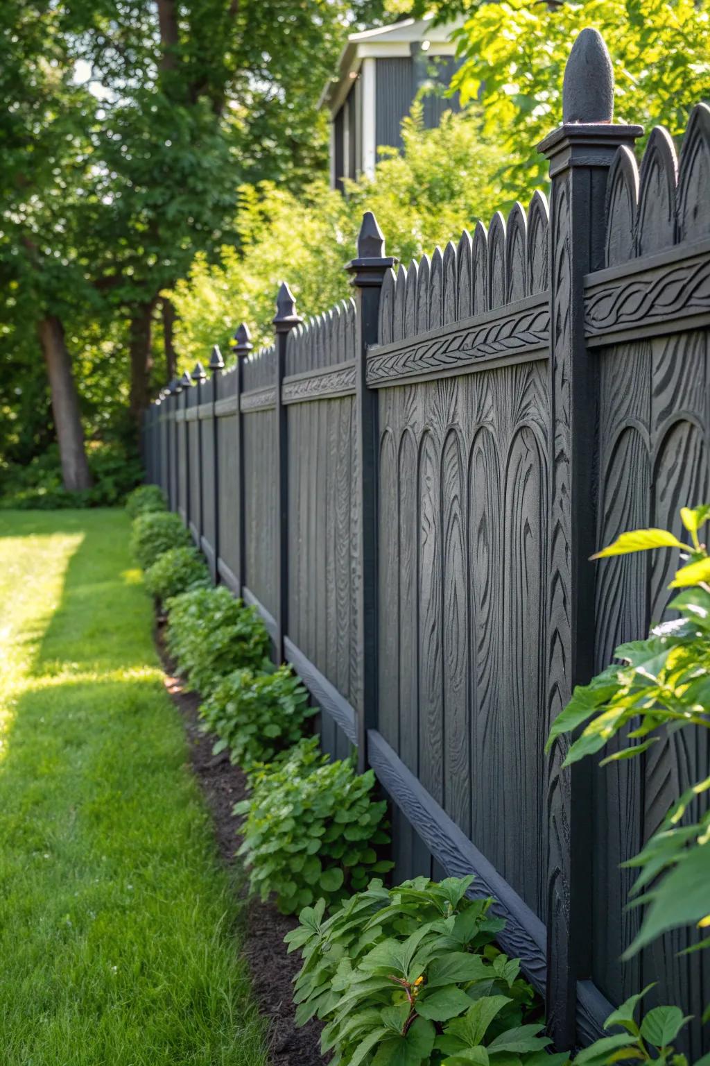 Experience the art of contrast: a charcoal fence embracing nature's greens.