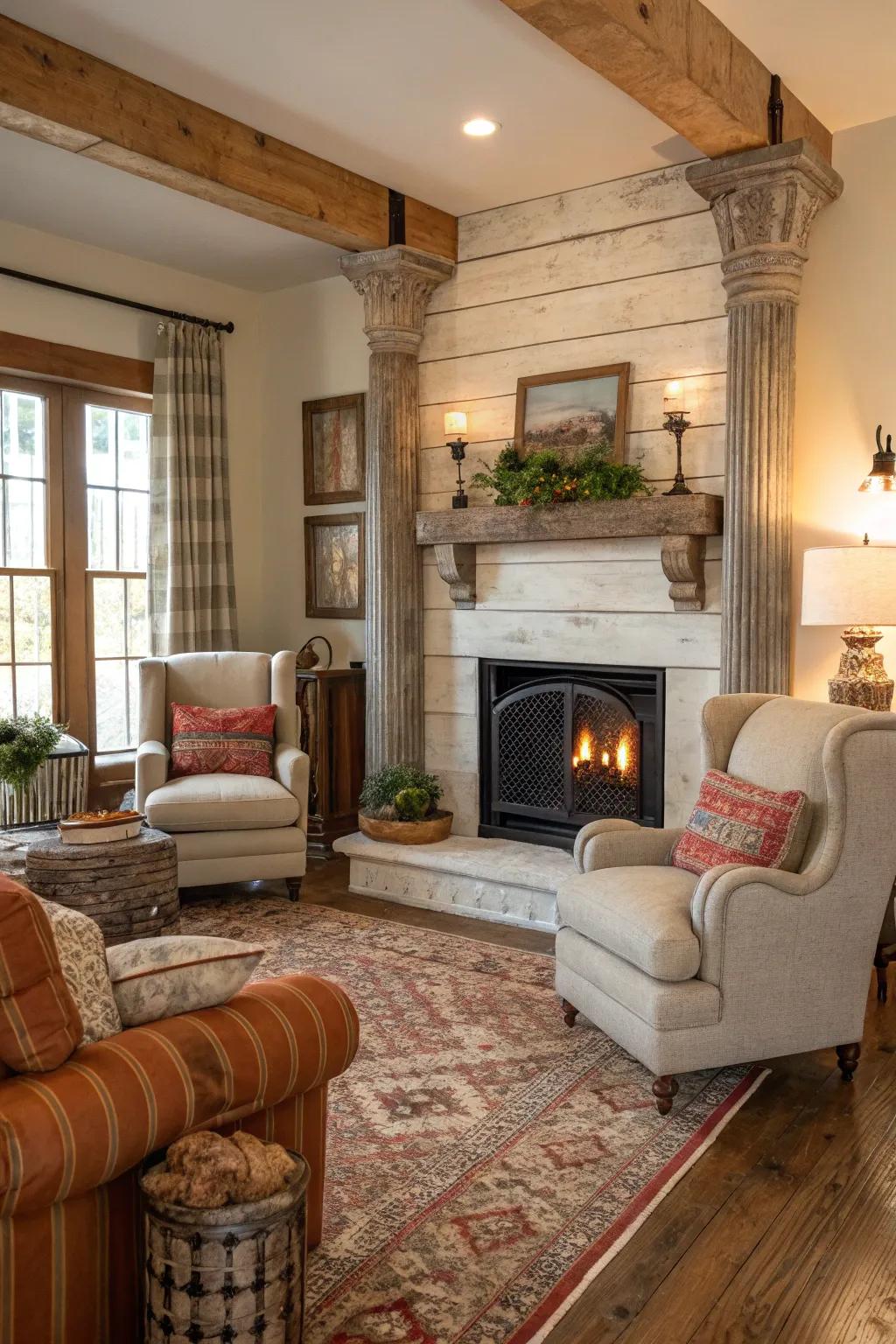 Distressed columns bring vintage charm and character.