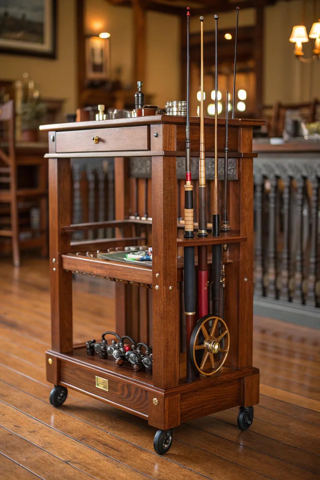 Elevate your fishing gear organization with a handcrafted rolling rod cart, perfect for the discerning angler.