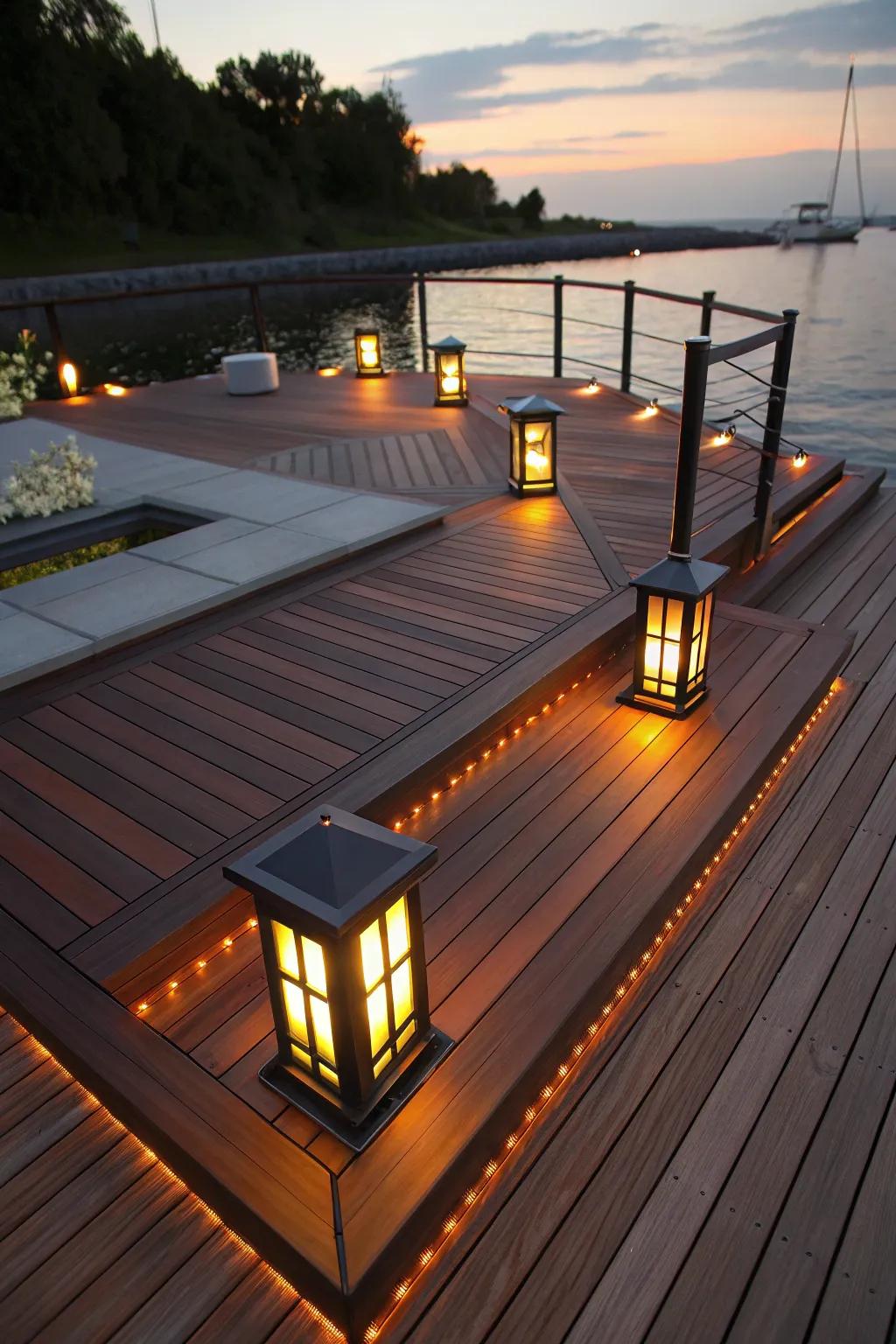 Illuminate your evenings with ambient lighting on a masterfully crafted floating deck.