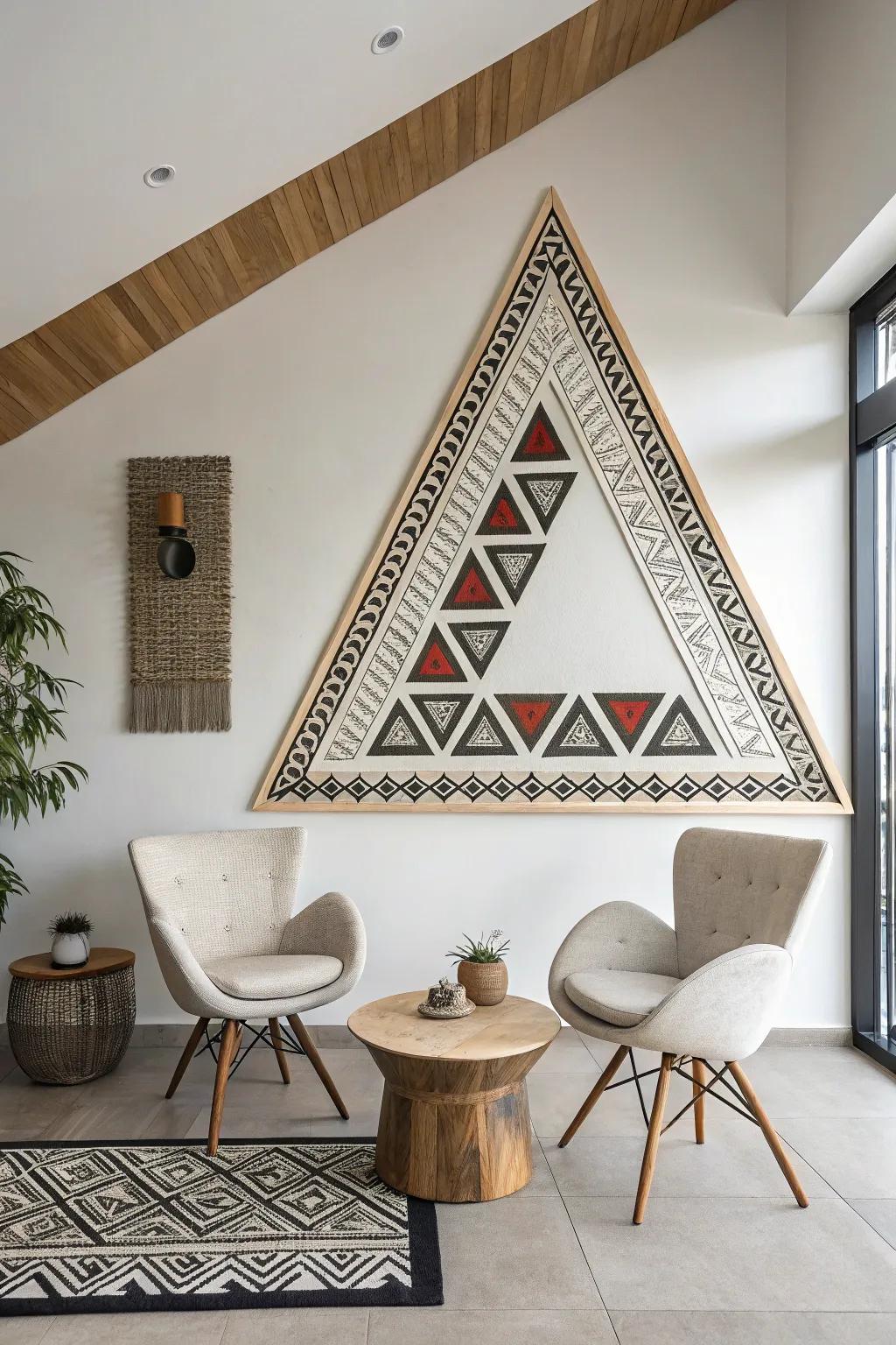 Triangular frames offer a contemporary twist to embroidery displays.
