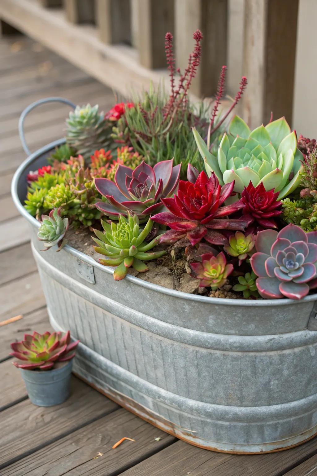 Transform your patio with this bold succulent display in a galvanized wash tub, where craftsmanship meets nature's vibrant palette.