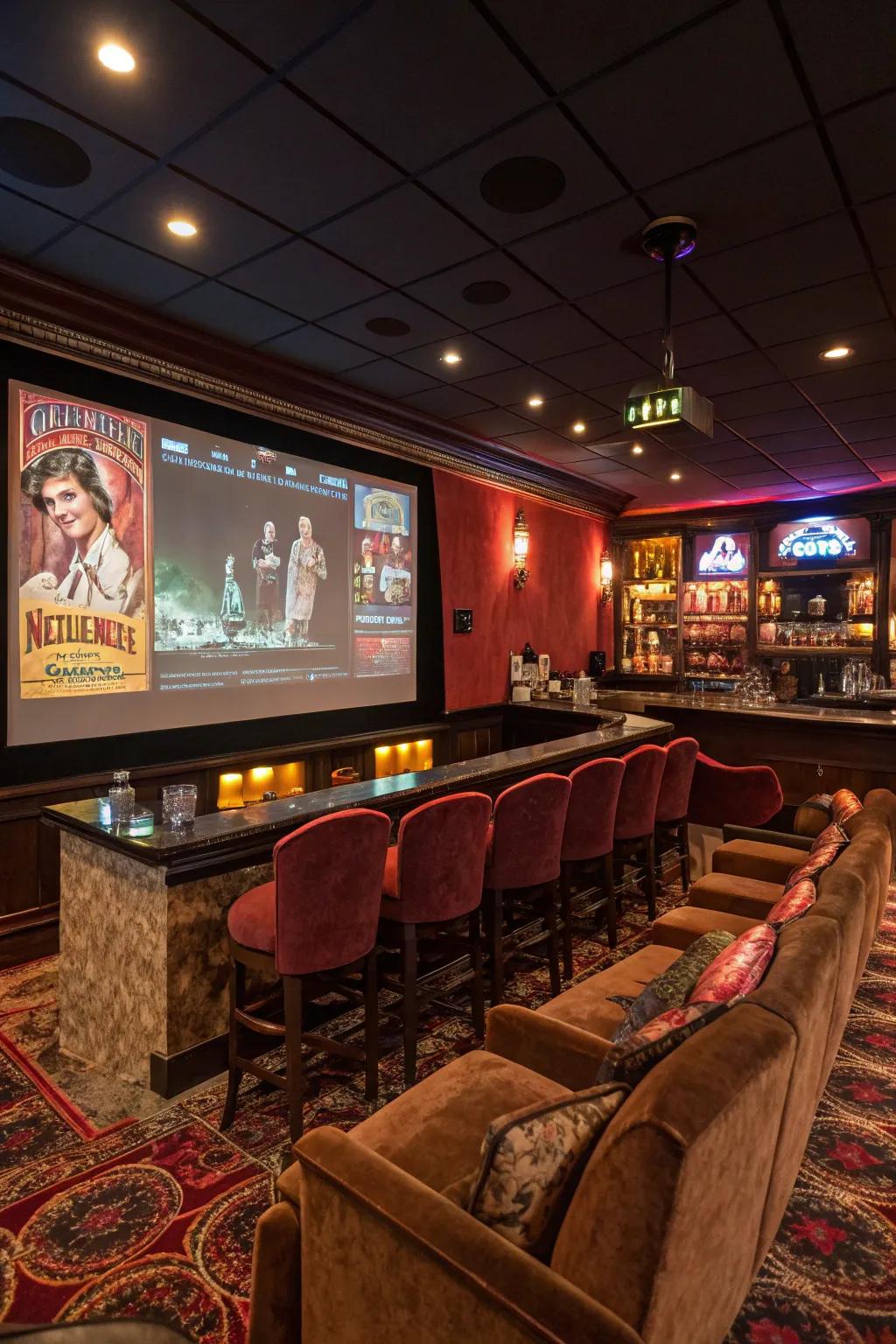 A theater lounge with a bar transforms your game room into an entertainment haven.