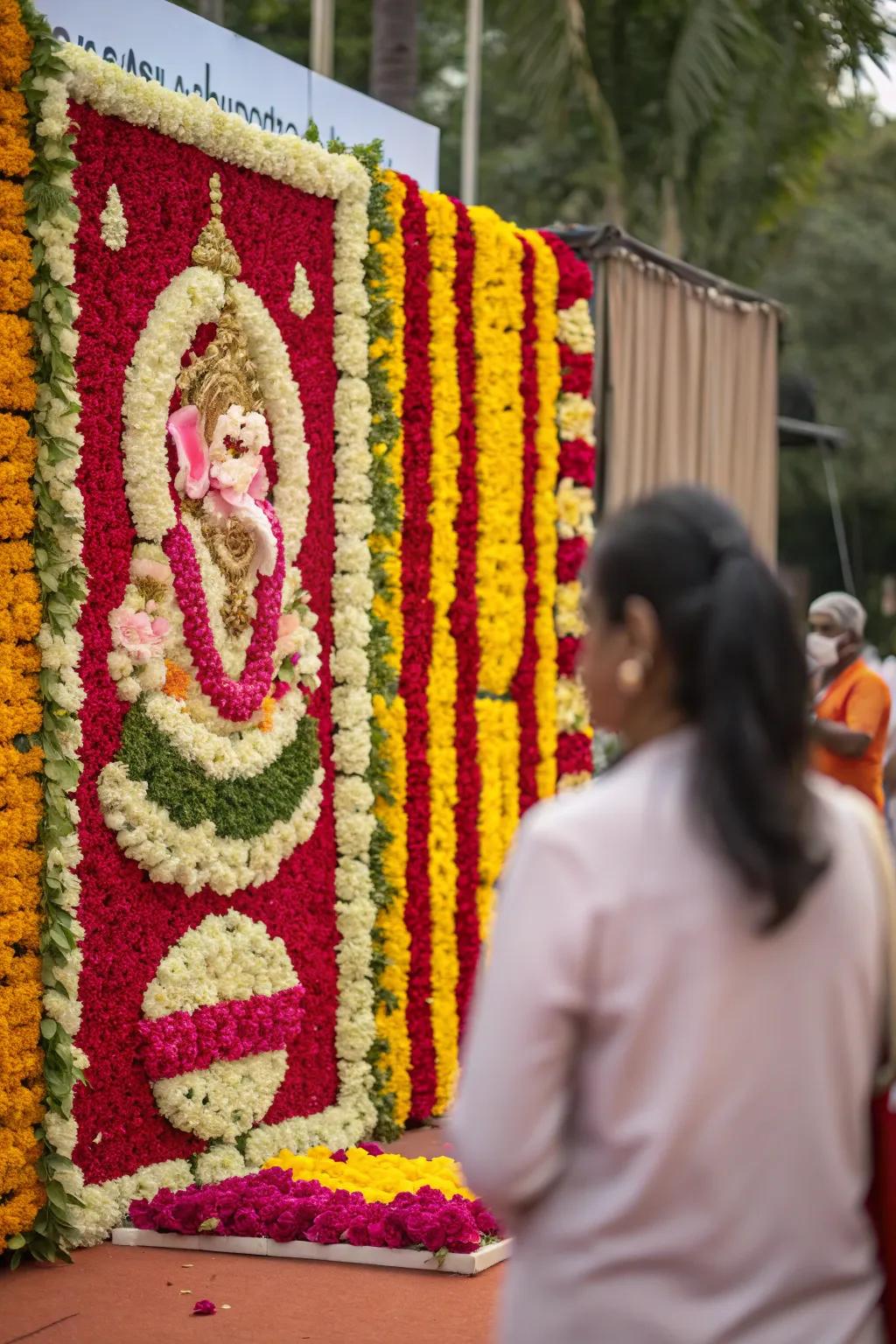 A flower wall creates a stunning backdrop for the Ganesh idol.