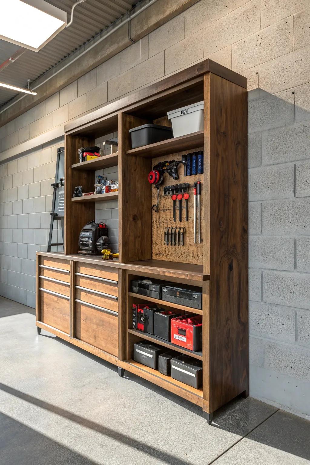 Elevate your garage with sleek open shelving—where function meets style.