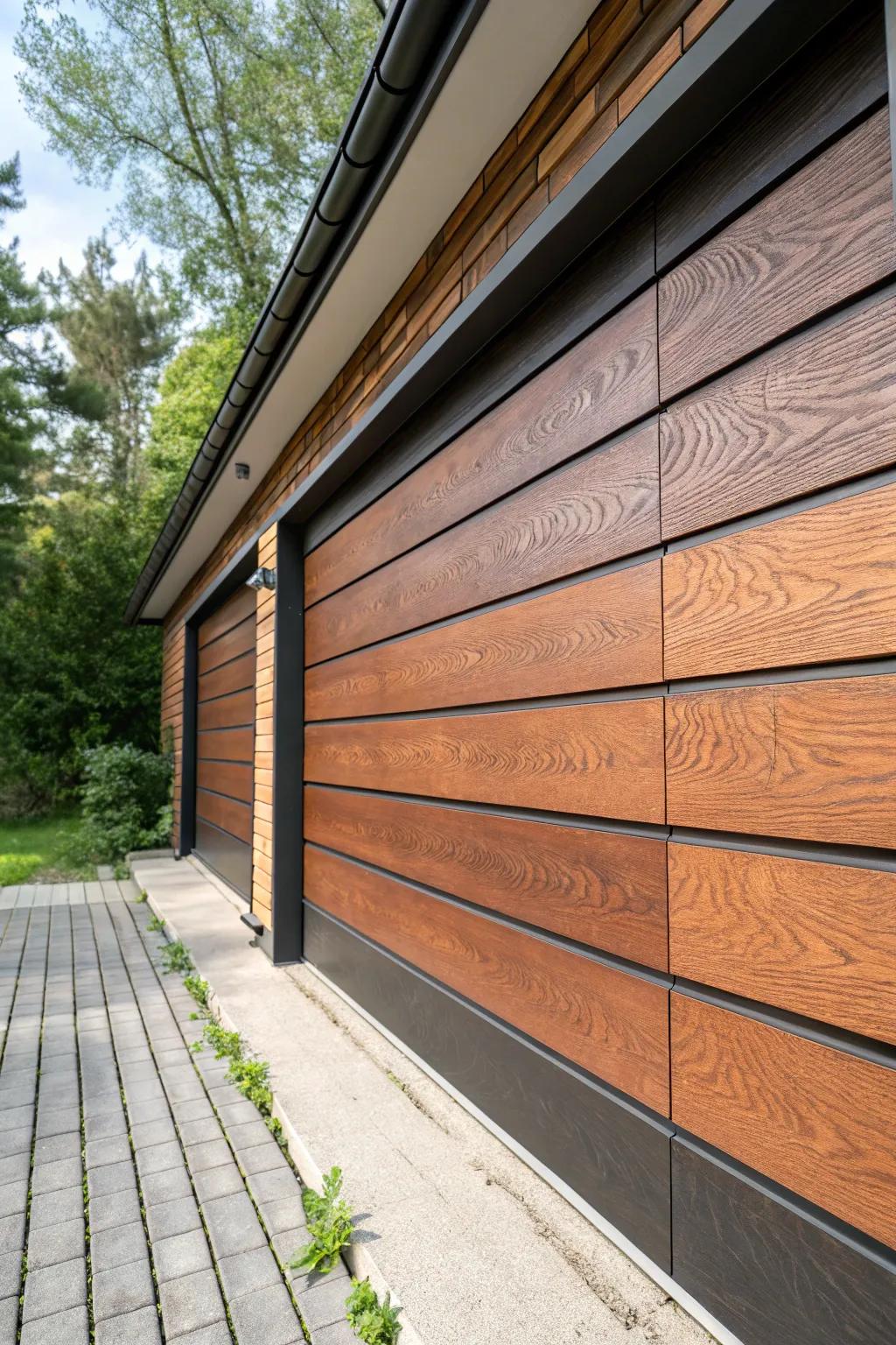 Elevate your garage design with the timeless elegance of composite panels that blend durability with rustic charm.