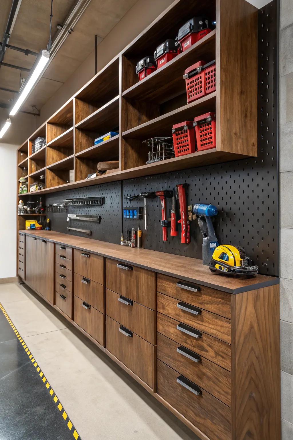 Elevate your garage with customizable wall shelves that blend accessibility with style.