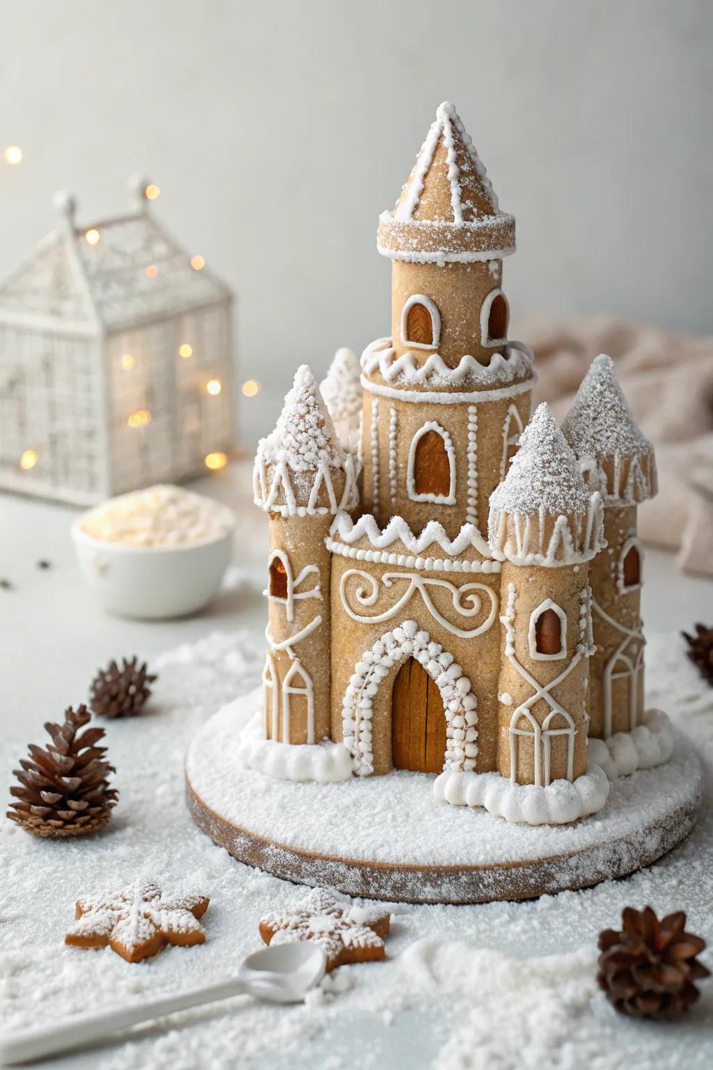 Transform your kitchen into a winter wonderland with this enchanting gingerbread castle topped with snow-dusted rooftops.