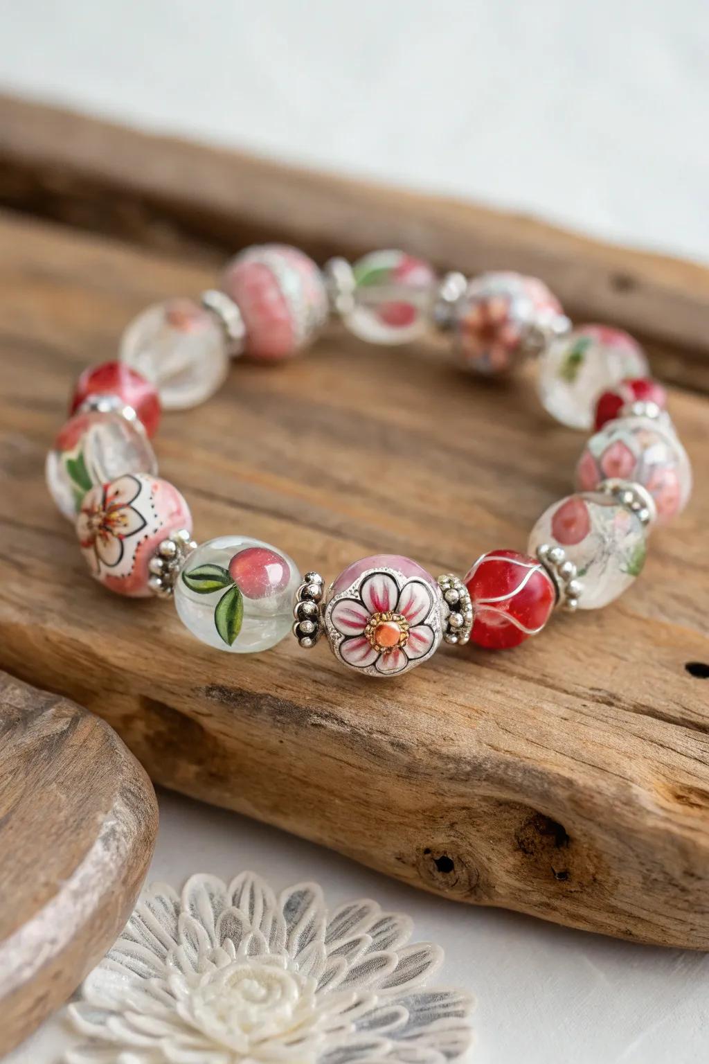 Embrace the charm of nature with this stunning floral glass bead bracelet, a perfect blend of whimsy and elegance.